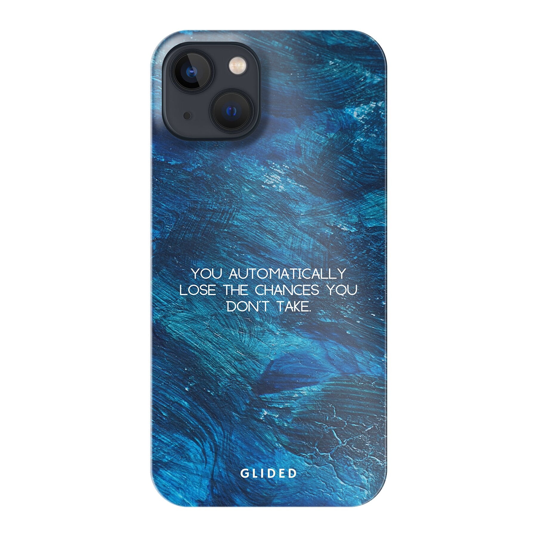 Chances iPhone 13 Handyhülle mit inspirierendem Spruch auf dunkelblauem Hintergrund, bietet Schutz und Stil.