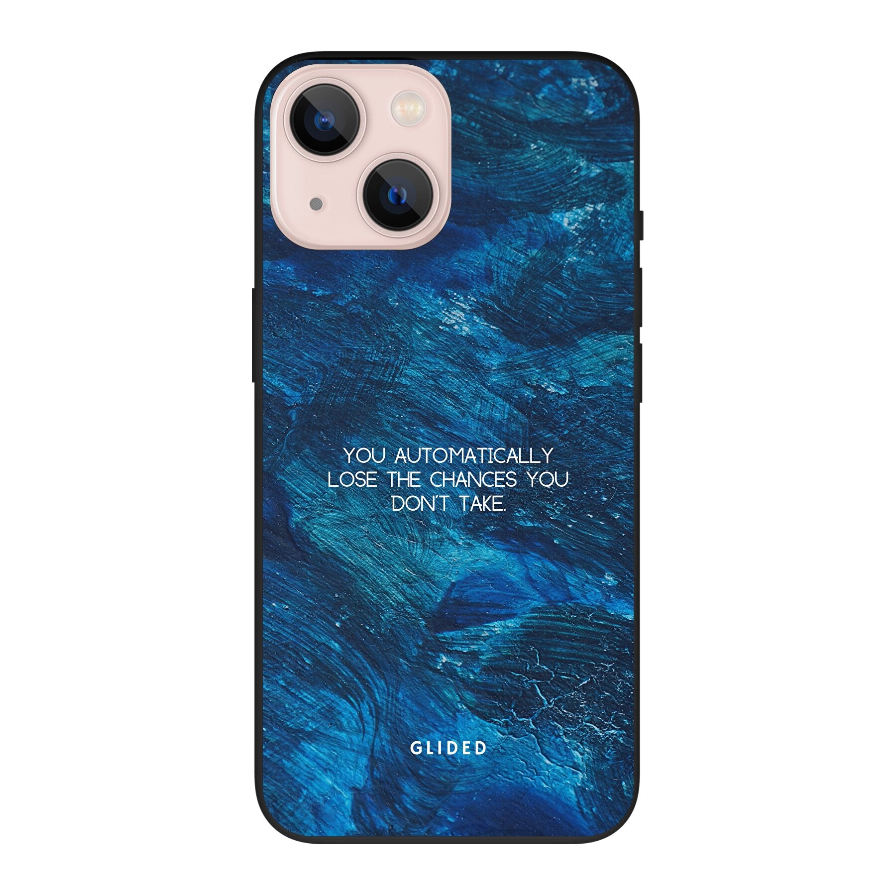 Dunkelblaue iPhone 13 mini Handyhülle mit inspirierendem Spruch 'You automatically lose the chances you don't take', idealer Schutz und stilvolles Design.