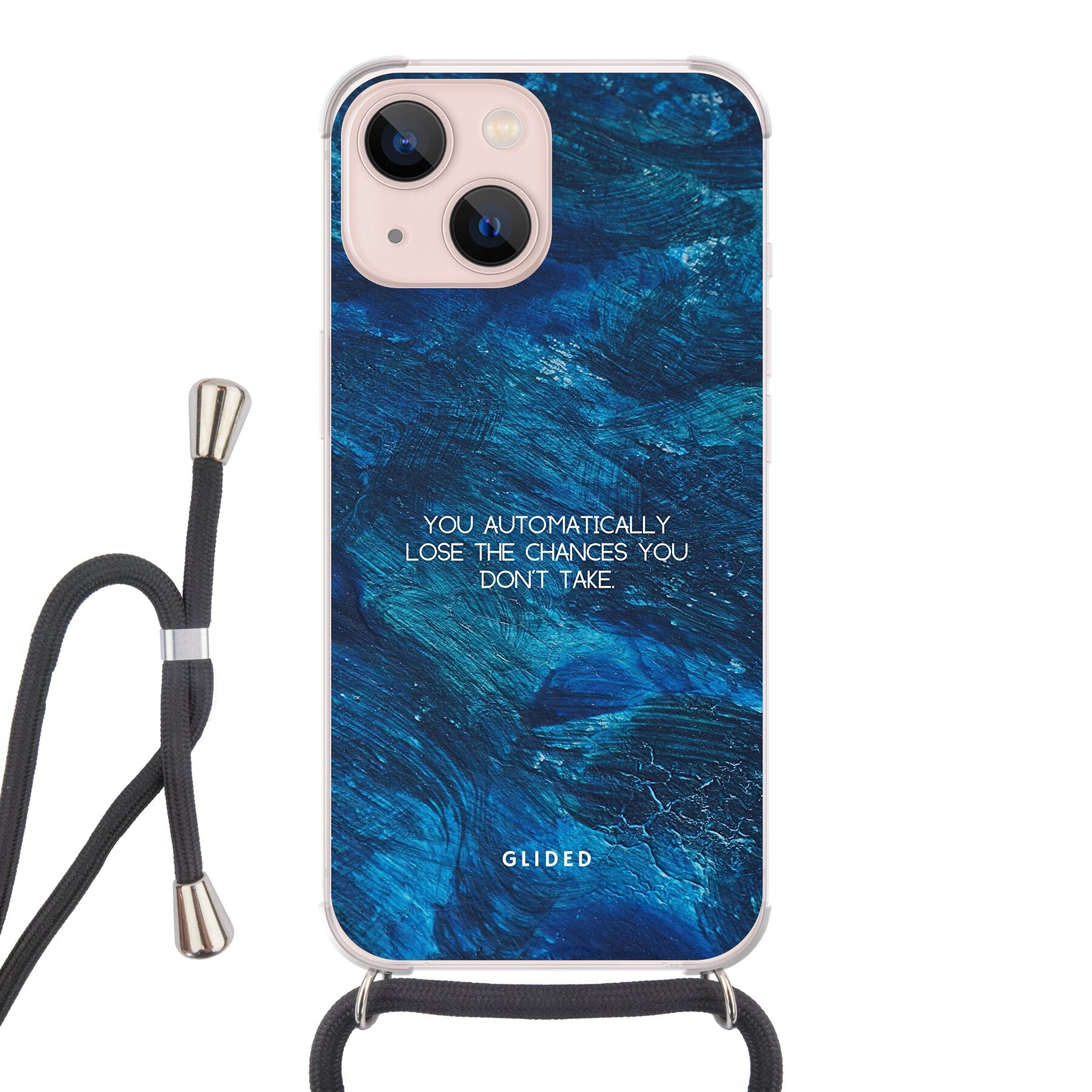 Dunkelblaue iPhone 13 mini Handyhülle mit inspirierendem Spruch 'You automatically lose the chances you don't take', idealer Schutz und stilvolles Design.