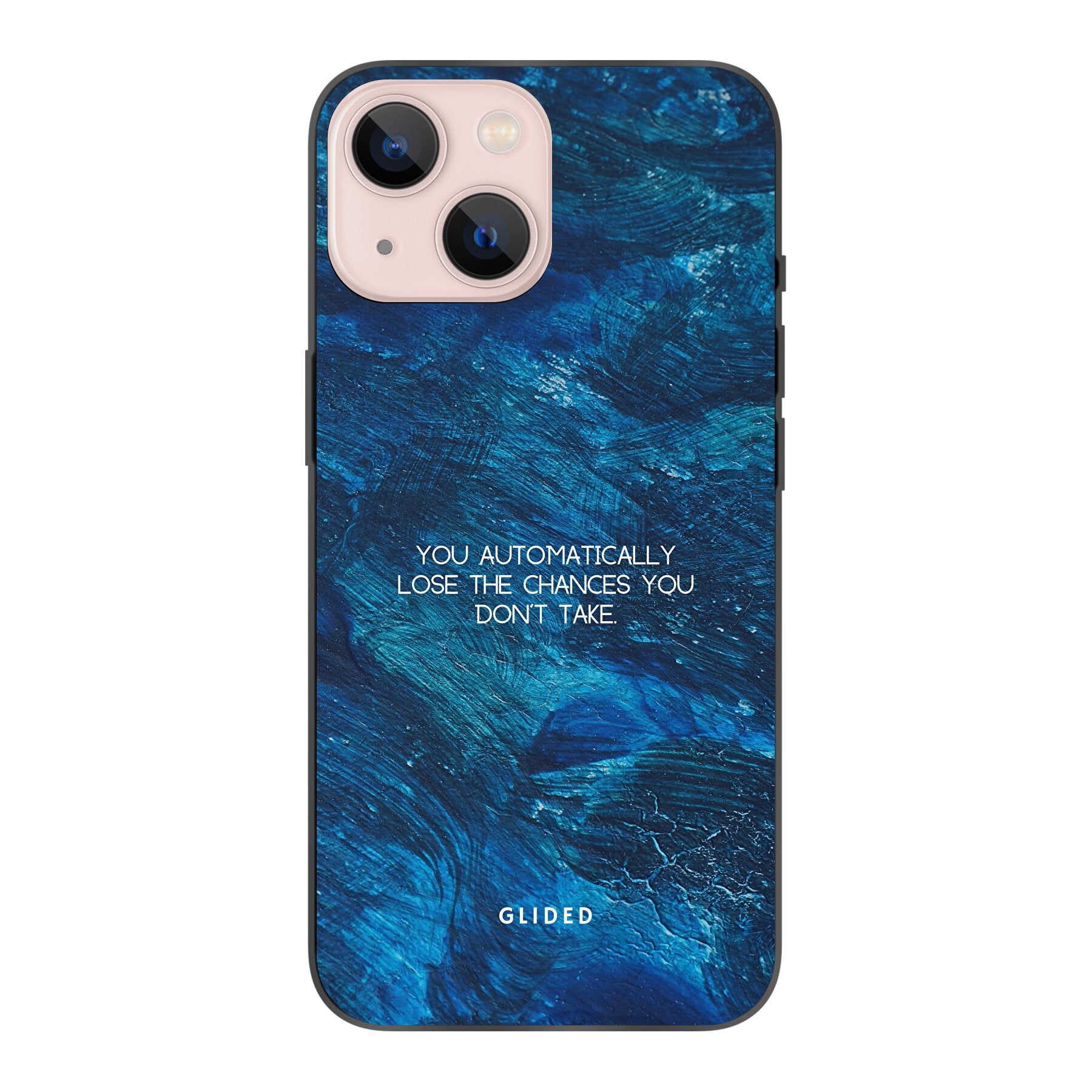 Dunkelblaue iPhone 13 mini Handyhülle mit inspirierendem Spruch 'You automatically lose the chances you don't take', idealer Schutz und stilvolles Design.