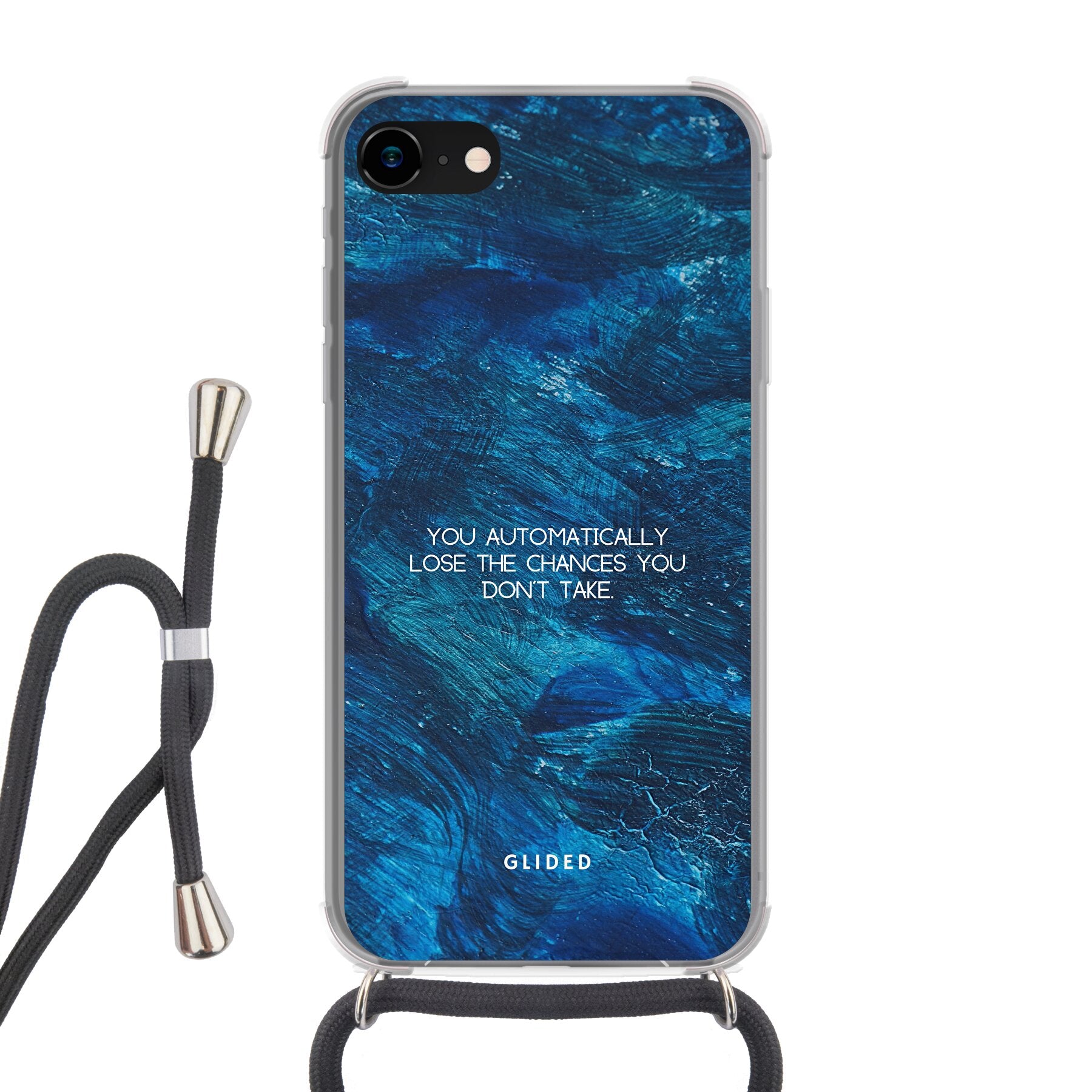 Chances iPhone 7 Handyhülle mit inspirierendem Spruch auf dunkelblauem Hintergrund, bietet Schutz und Stil.