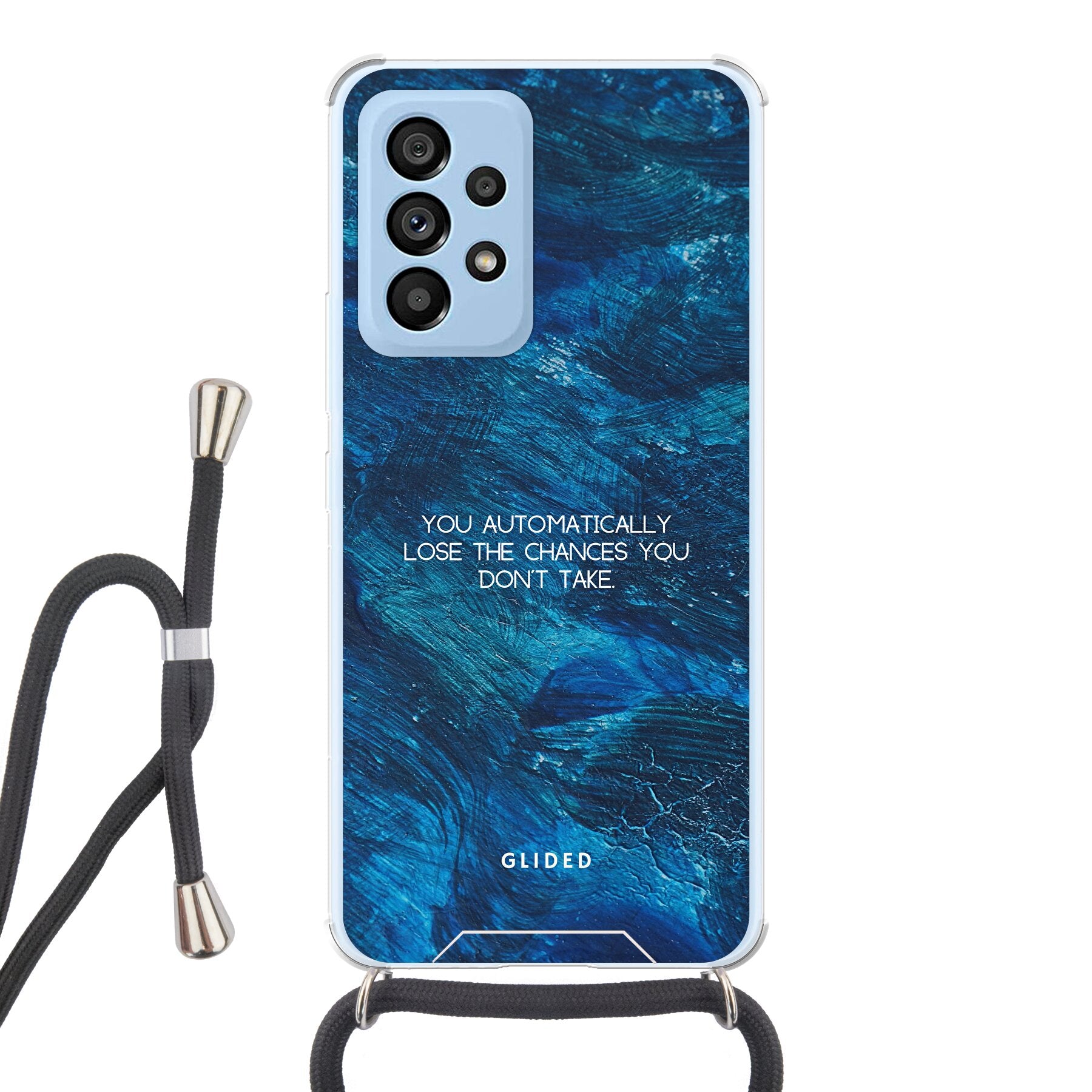 Samsung Galaxy A53 5G Handyhülle mit inspirierendem Spruch auf dunkelblauem Hintergrund, bietet Schutz und Motivation.