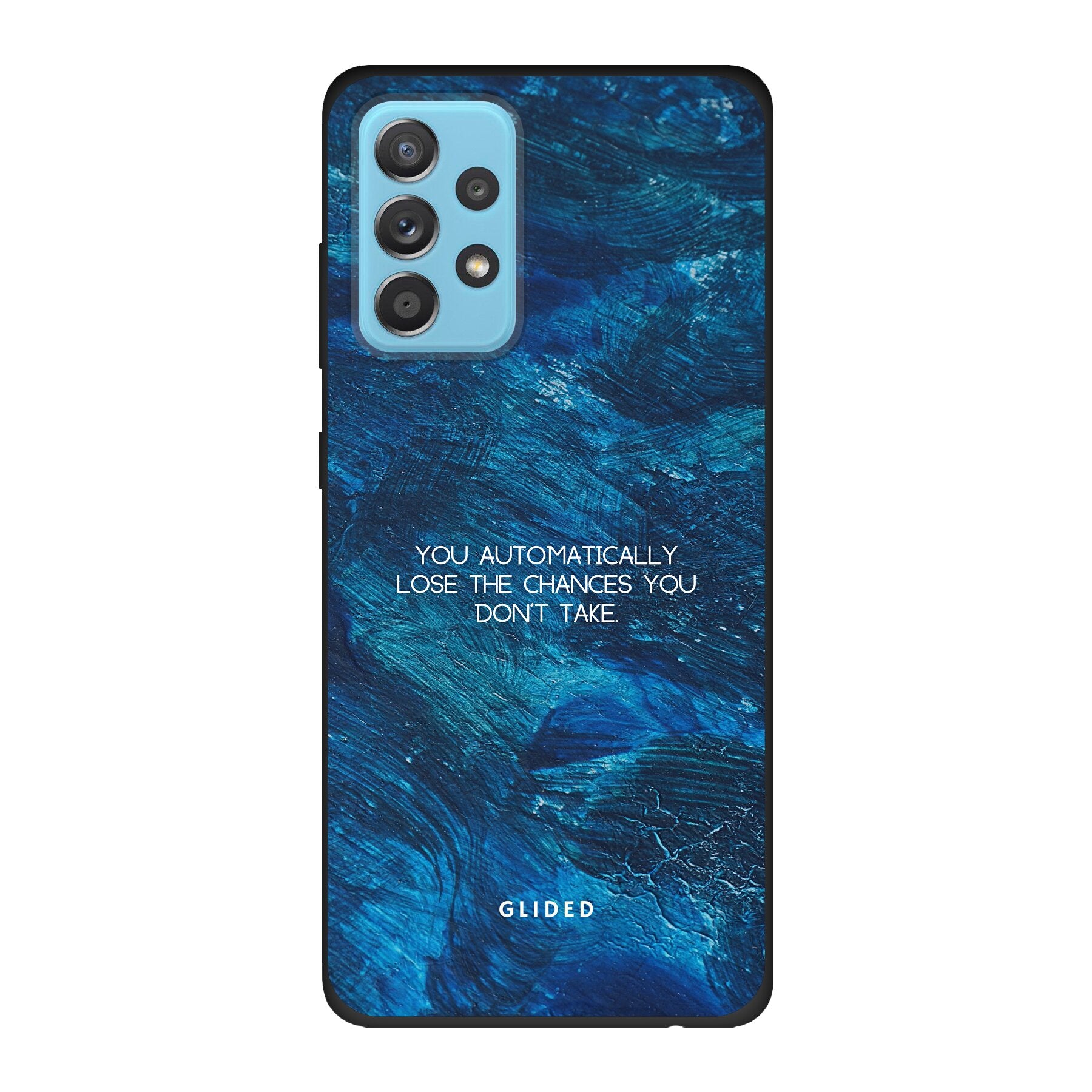 Samsung Galaxy A53 5G Handyhülle mit inspirierendem Spruch auf dunkelblauem Hintergrund, bietet Schutz und Motivation.