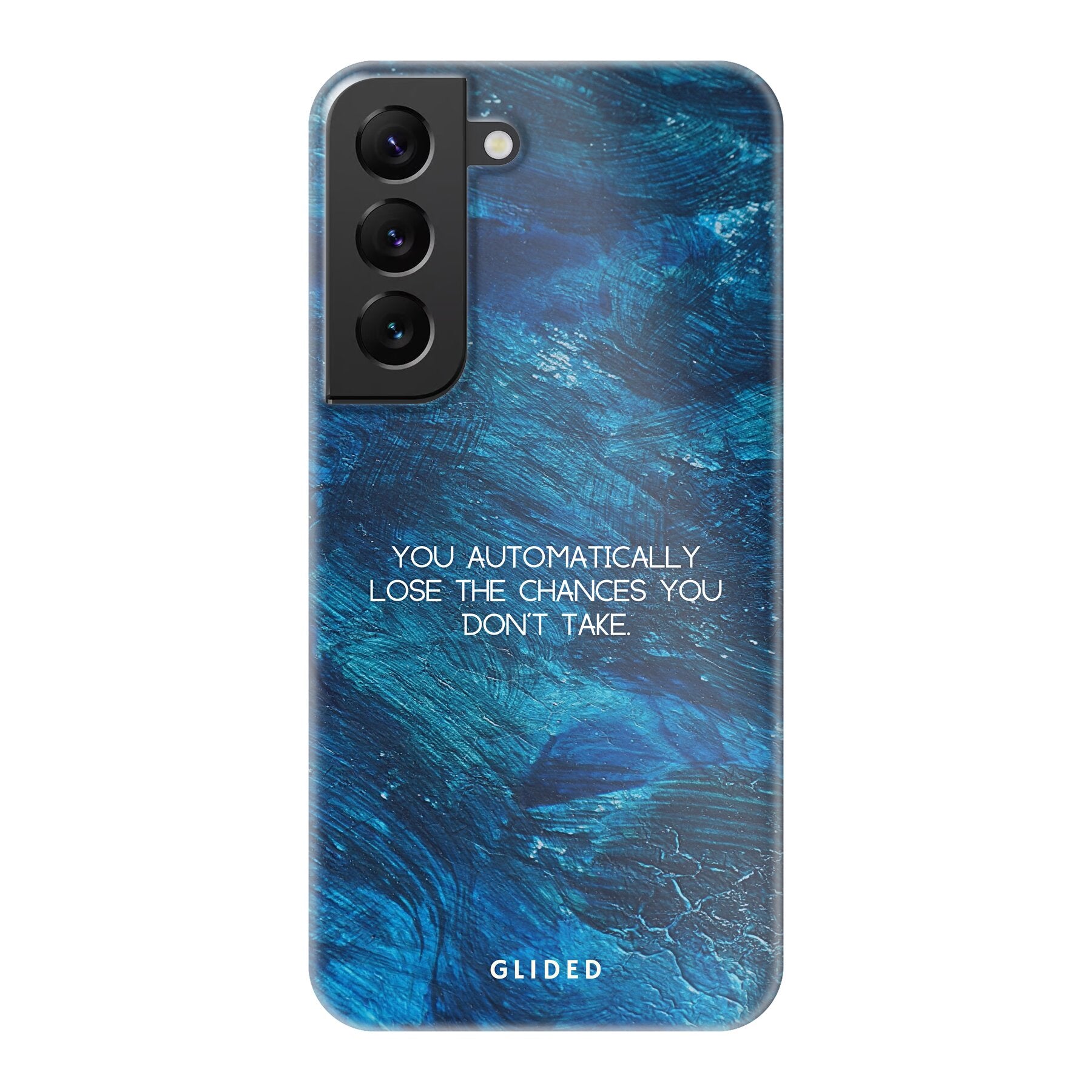 Samsung Galaxy S22 Handyhülle 'Chances' mit inspirierendem Spruch auf dunkelblauem Hintergrund, bietet Schutz und Motivation.