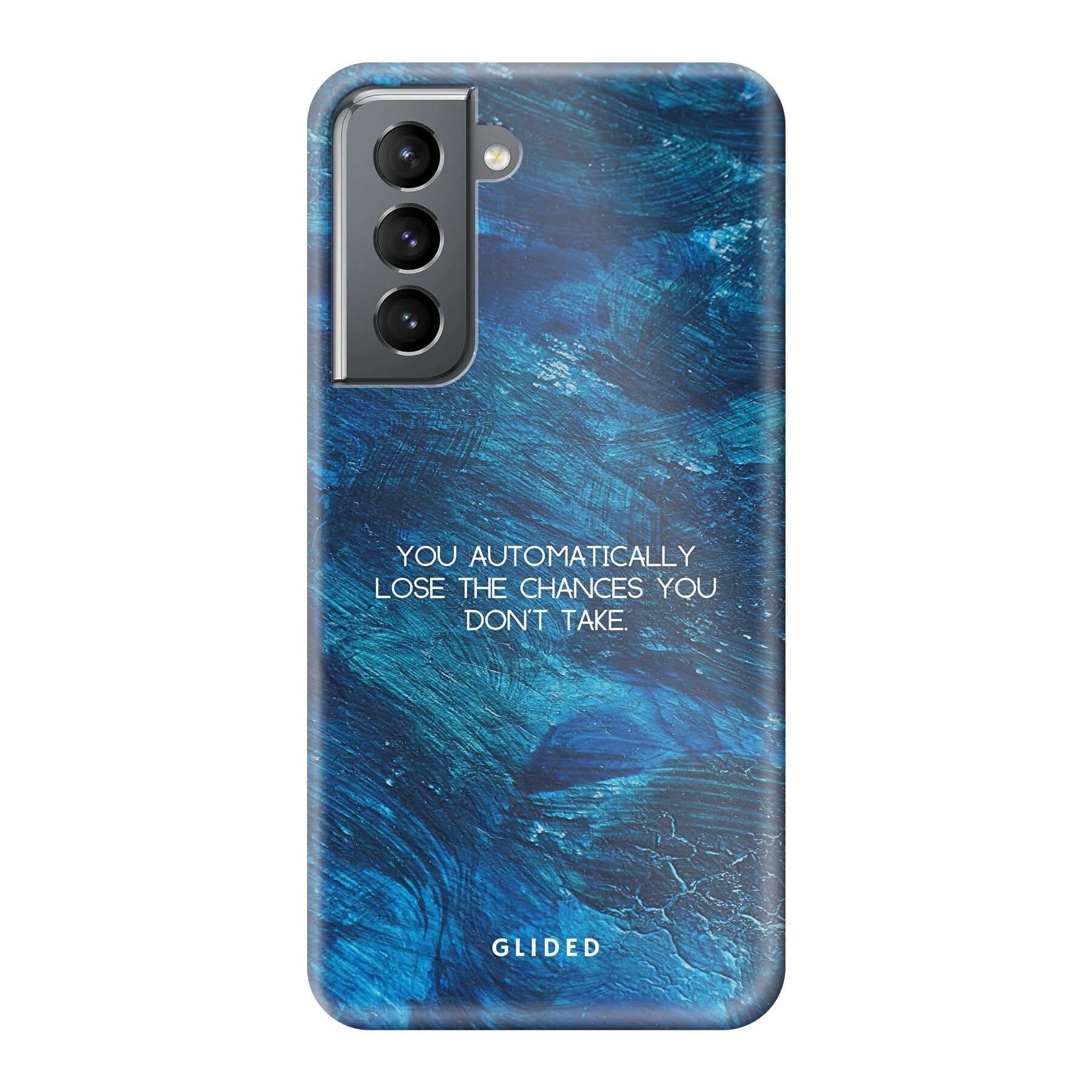 Samsung Galaxy S21 5G Handyhülle 'Chances' mit inspirierendem Spruch auf dunkelblauem Hintergrund, bietet Schutz und Stil.