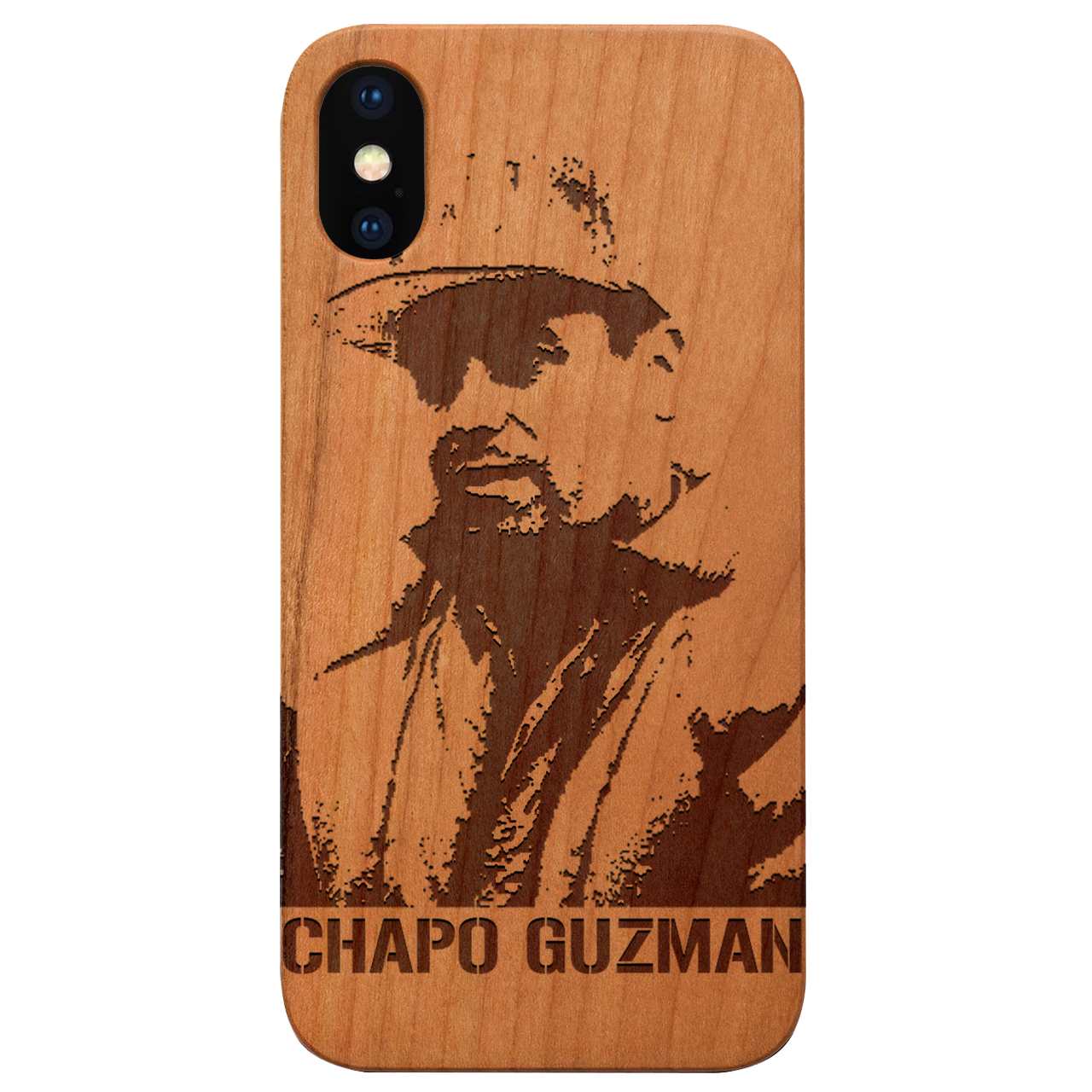 Chapo Guzman Engraved wooden phone case showcasing intricate laser engraving on a natural wood surface, designed for iPhone and Samsung models.