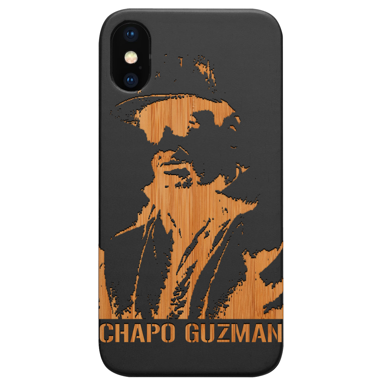 Chapo Guzman Engraved wooden phone case showcasing intricate laser engraving on a natural wood surface, designed for iPhone and Samsung models.