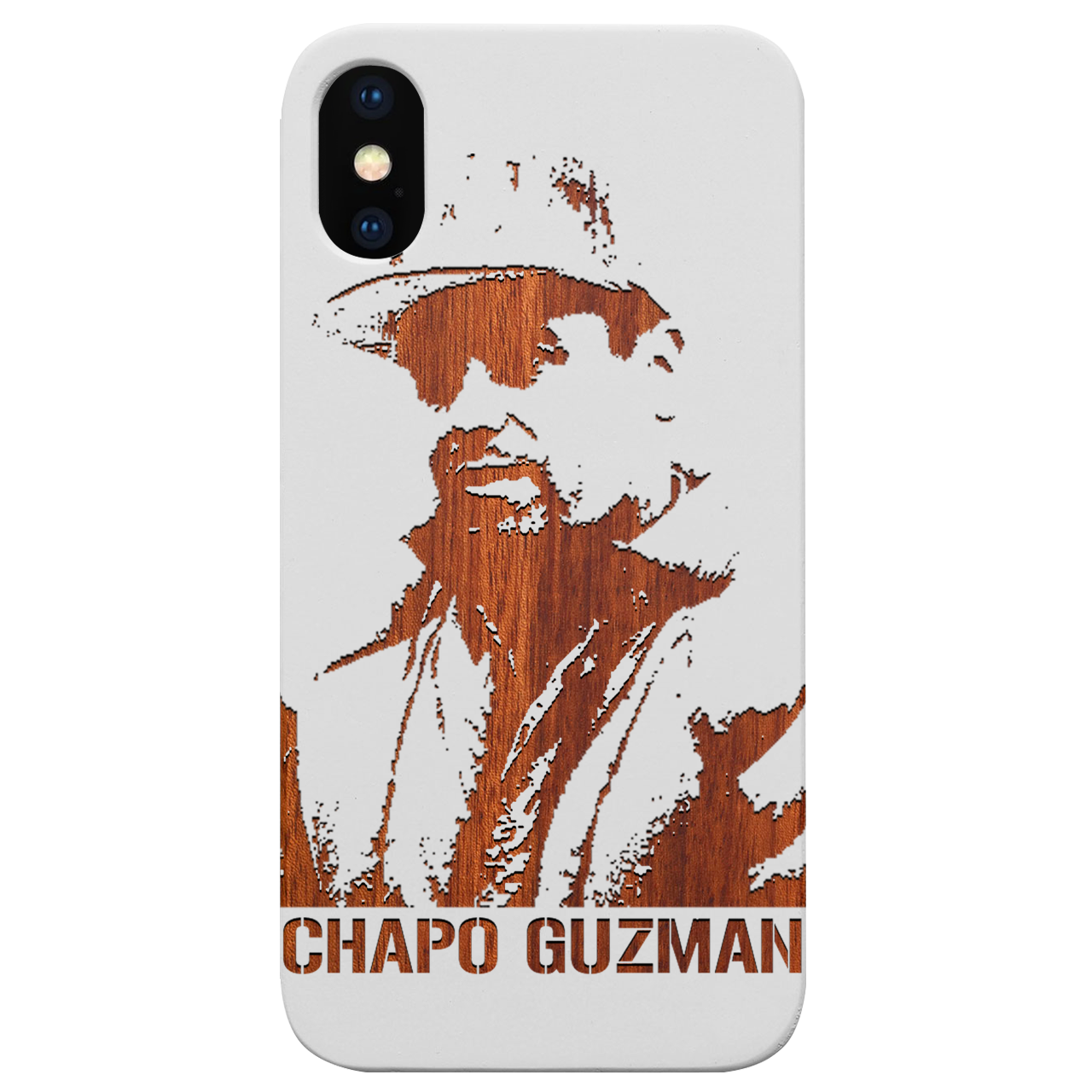 Chapo Guzman Engraved wooden phone case showcasing intricate laser engraving on a natural wood surface, designed for iPhone and Samsung models.