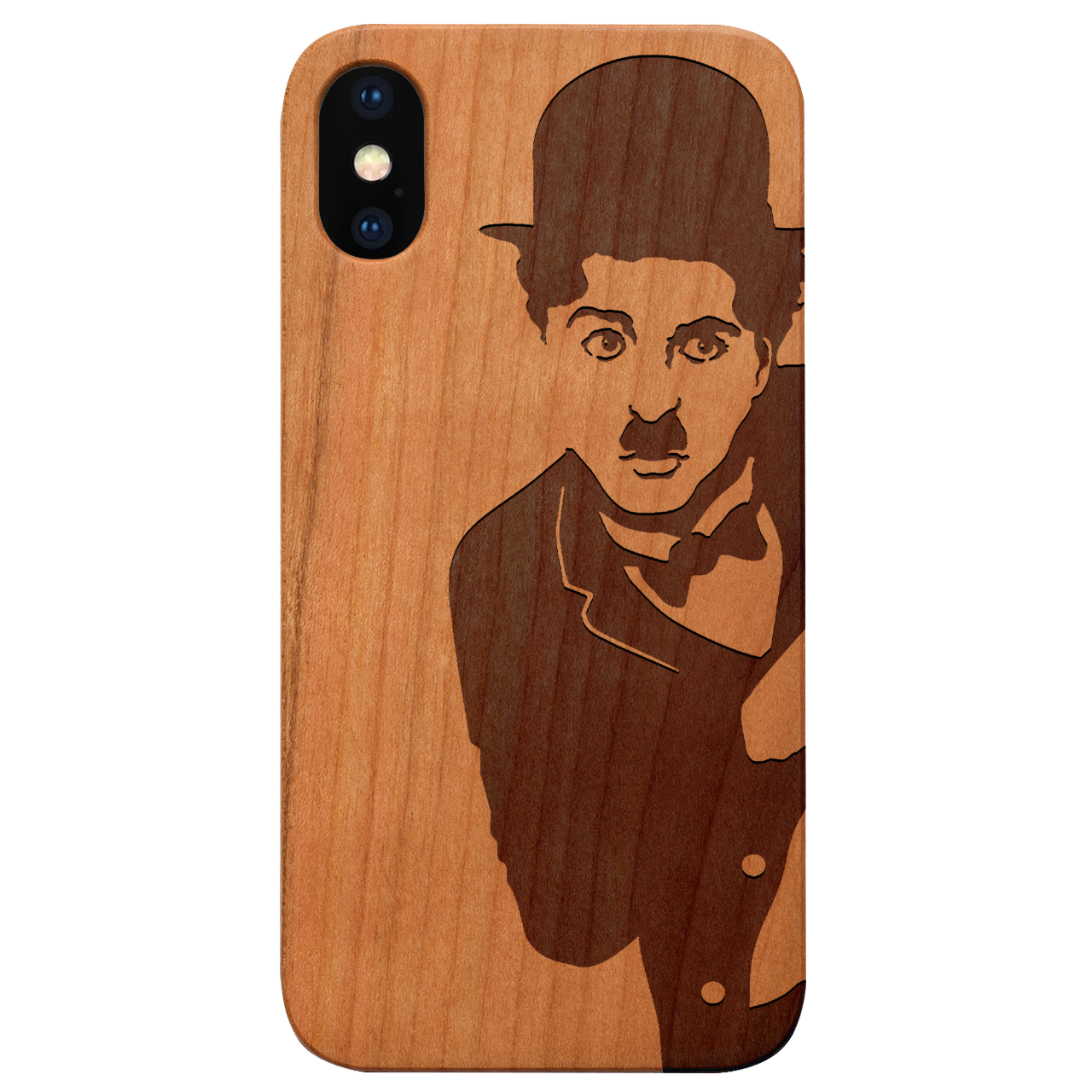 Charlie Chaplin 2 Engraved wooden phone case with unique design and durable construction, showcasing its artistic and protective features.