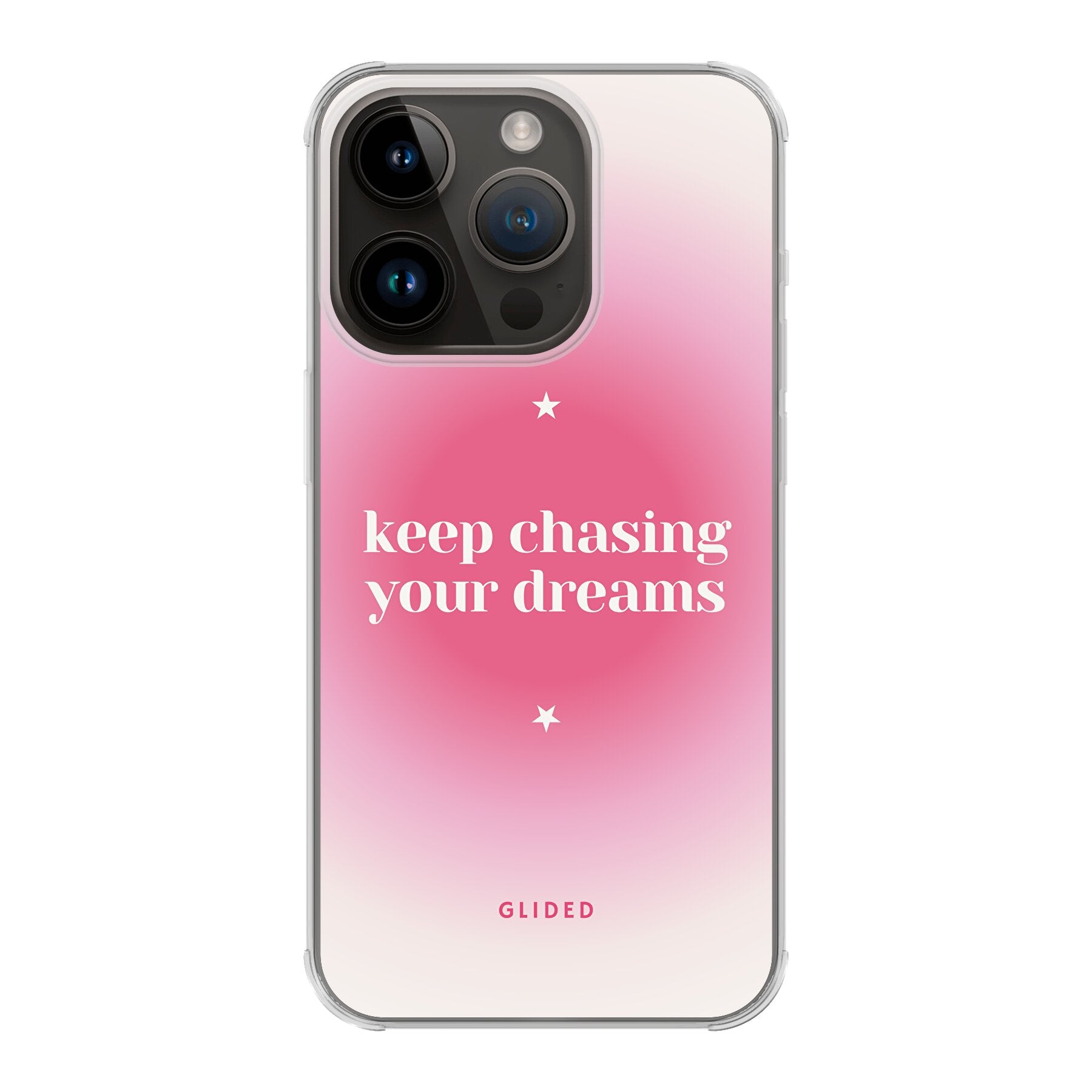 Chasing Dreams iPhone 14 Pro Handyhülle mit inspirierender Botschaft und schlankem Design, idealer Schutz für dein Smartphone.