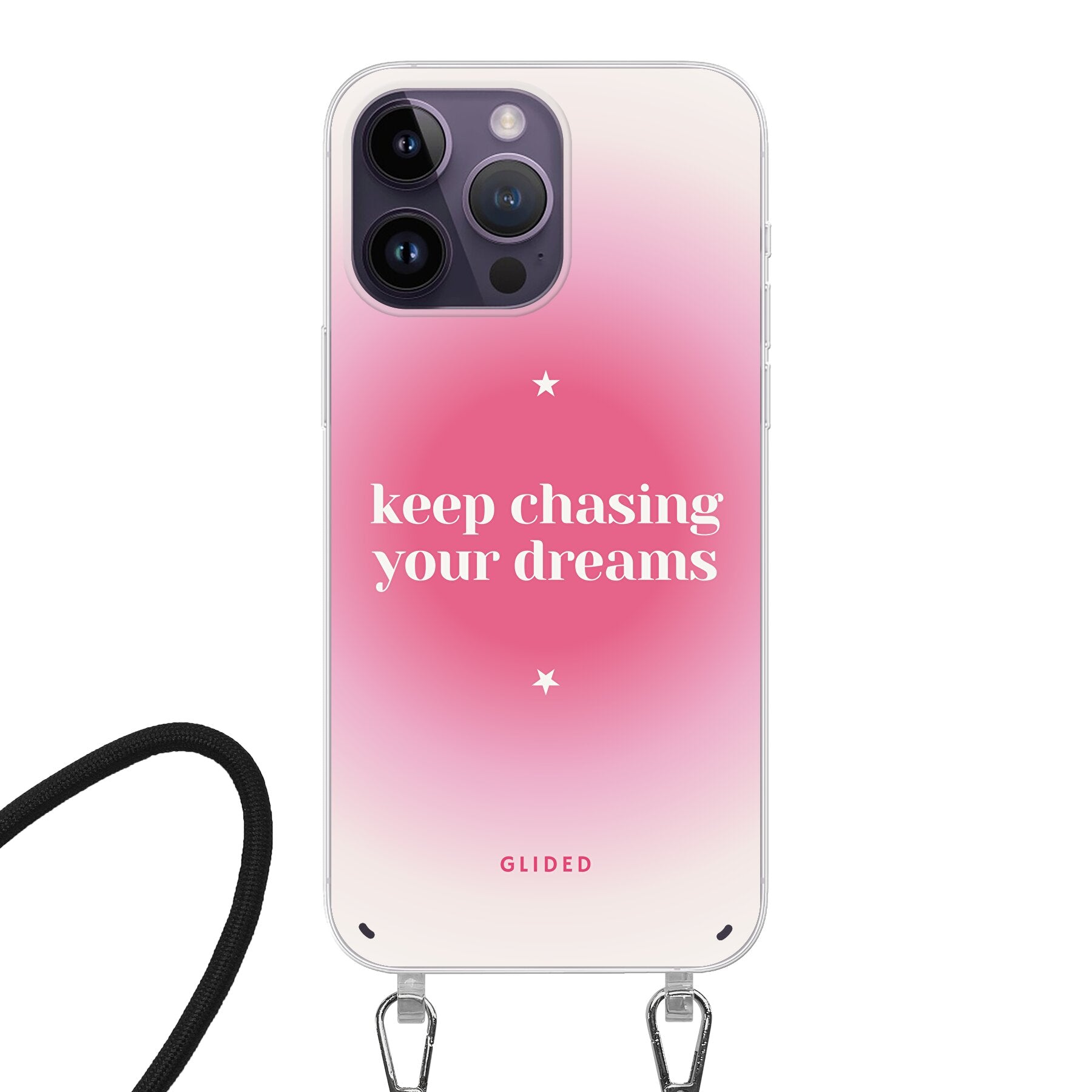 Chasing Dreams iPhone 14 Pro Handyhülle mit inspirierender Botschaft und schlankem Design, idealer Schutz für dein Smartphone.