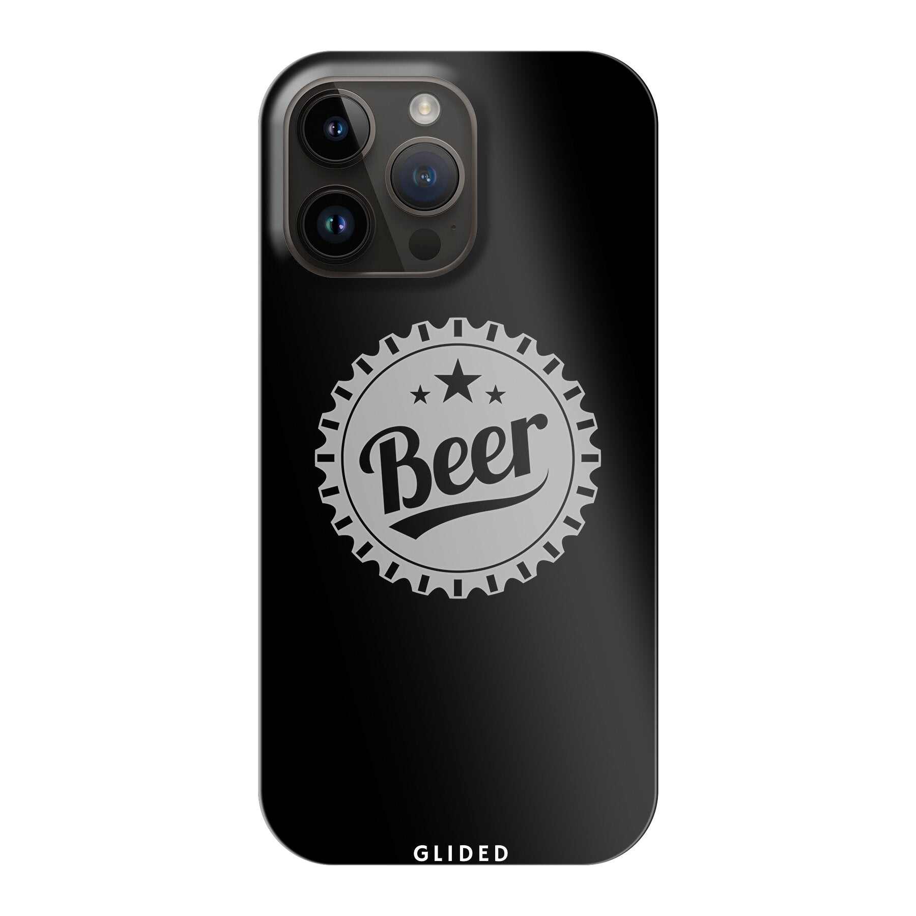 Cheers iPhone 14 Pro Max Handyhülle mit Bierdeckel-Design und dem Wort 'Beer' für stilvollen Schutz und Geselligkeit.