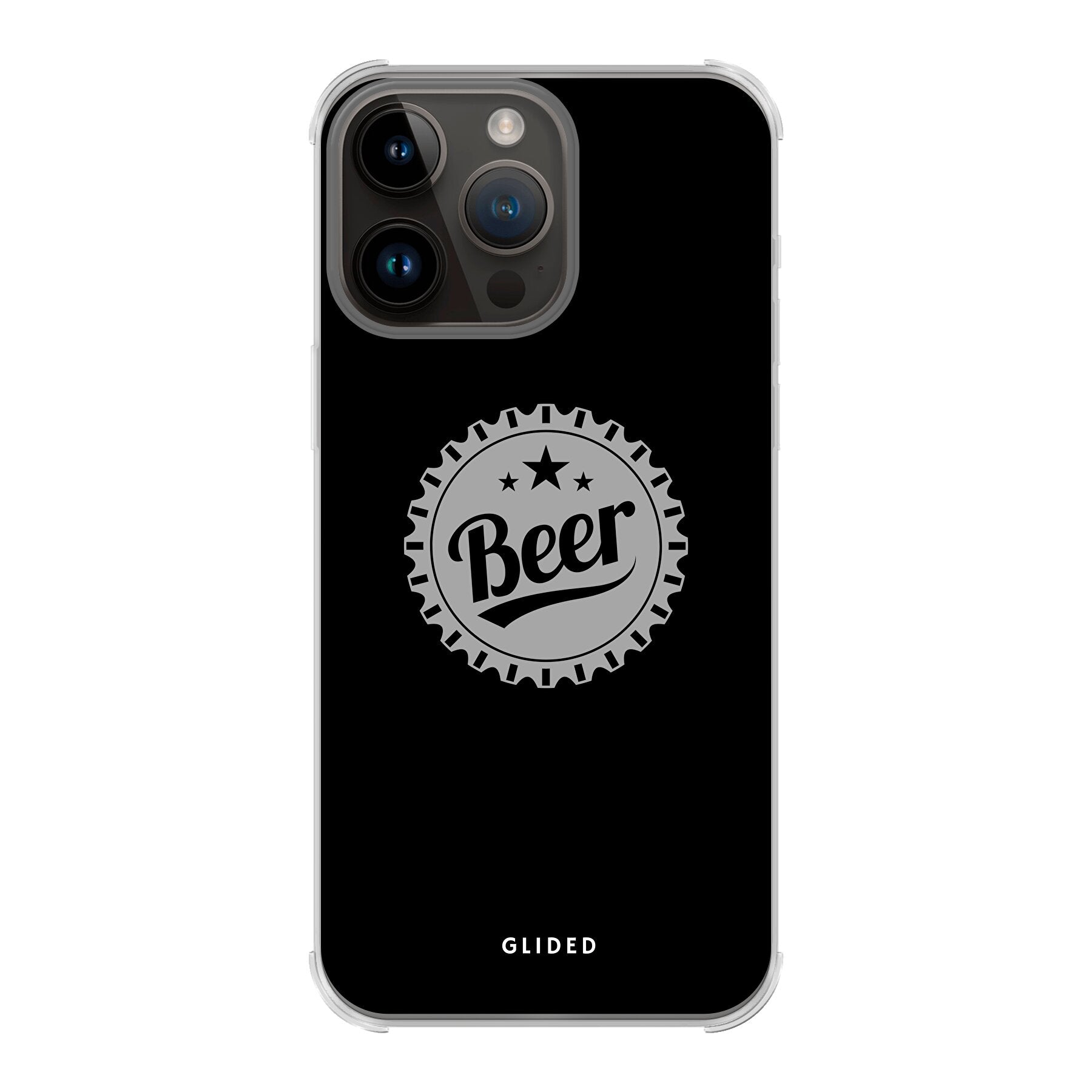 Cheers iPhone 14 Pro Max Handyhülle mit Bierdeckel-Design und dem Wort 'Beer' für stilvollen Schutz und Geselligkeit.