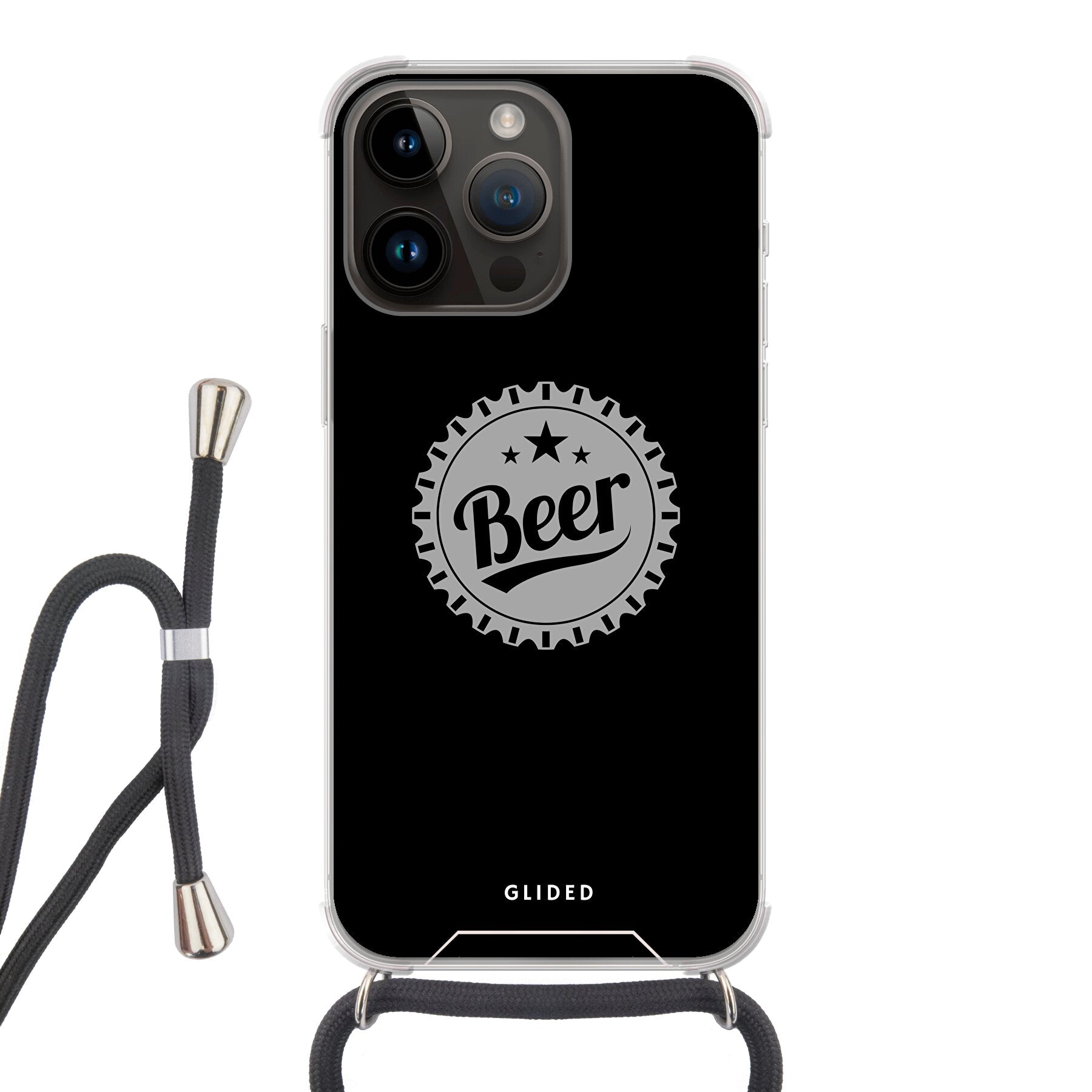 Cheers iPhone 14 Pro Max Handyhülle mit Bierdeckel-Design und dem Wort 'Beer' für stilvollen Schutz und Geselligkeit.