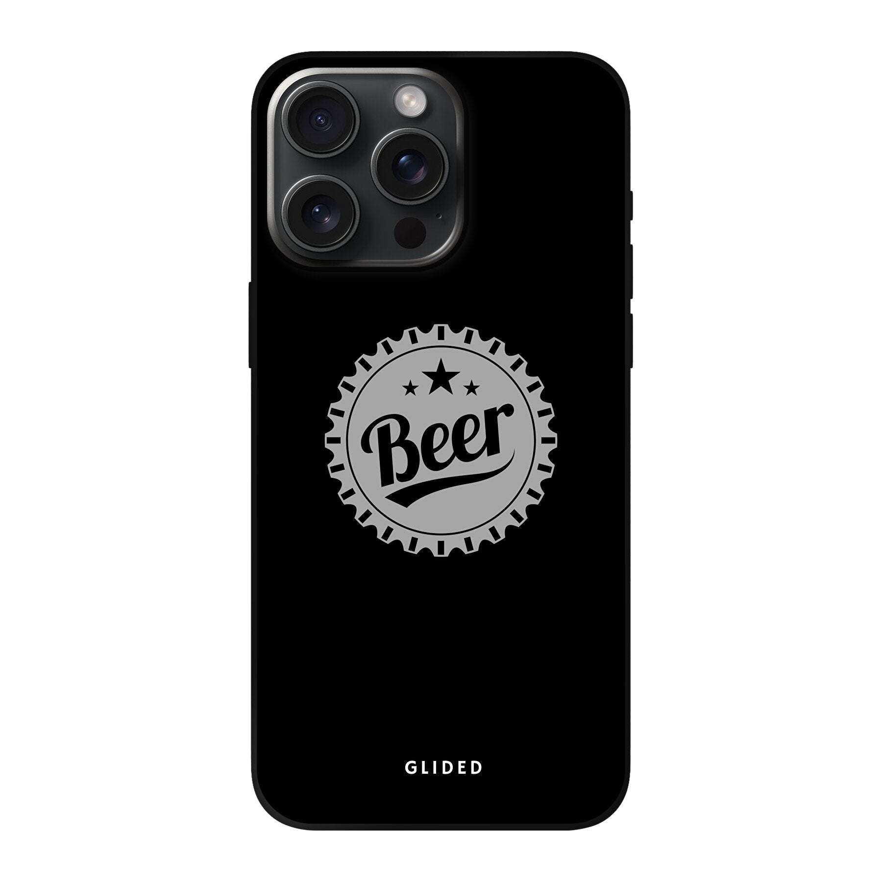 Cheers iPhone 15 Pro Max Handyhülle mit Bierdeckel-Design und dem Wort 'Beer' für stilvollen Schutz.