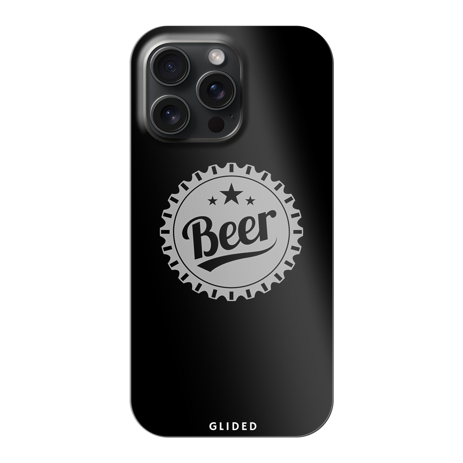 Cheers iPhone 15 Pro Max Handyhülle mit Bierdeckel-Design und dem Wort 'Beer' für stilvollen Schutz.