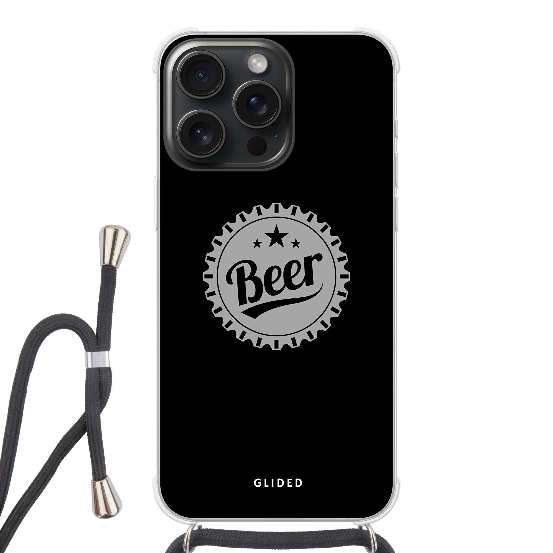 Cheers iPhone 15 Pro Max Handyhülle mit Bierdeckel-Design und dem Wort 'Beer' für stilvollen Schutz.