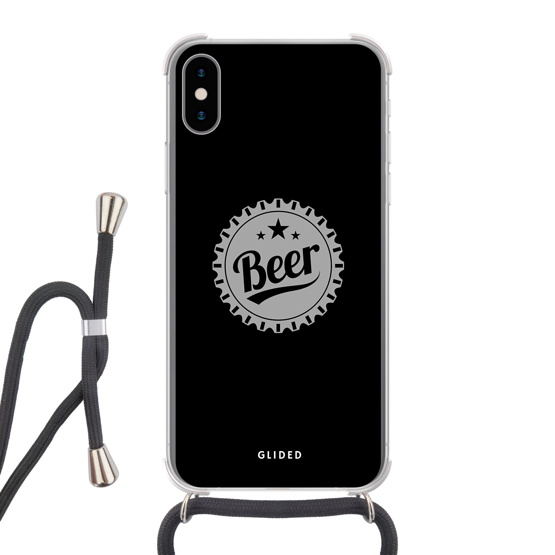 Cheers iPhone X/Xs Handyhülle mit Bierdeckel-Design und dem Wort 'Beer', ideal für gesellige Anlässe.