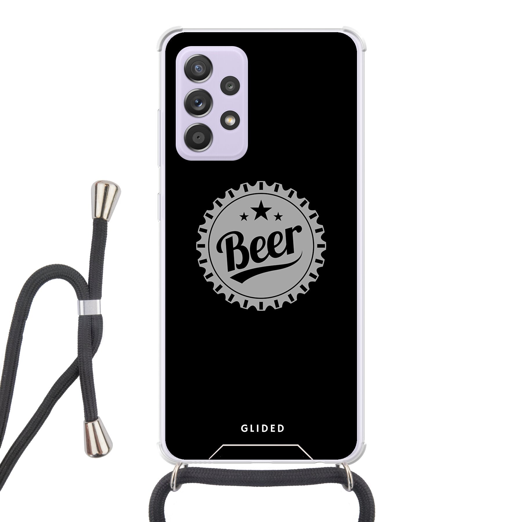 Cheers Handyhülle für Samsung Galaxy A52 mit Bierdeckel-Design und dem Wort 'Beer' für stilvollen Schutz und gesellige Atmosphäre.