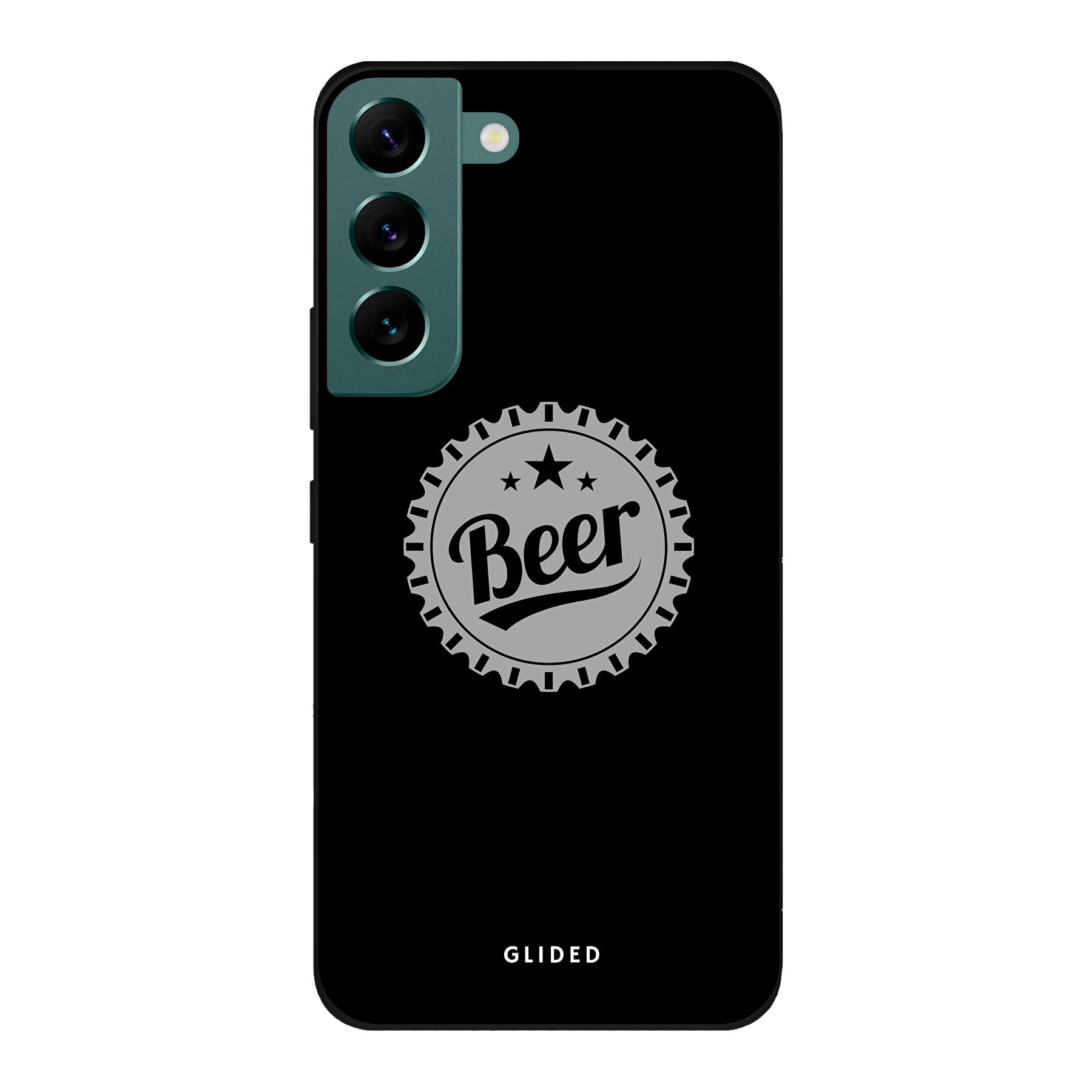 Cheers Handyhülle für Samsung Galaxy S22 mit Bierdeckel-Design und dem Wort 'Beer' in auffälliger Schrift.