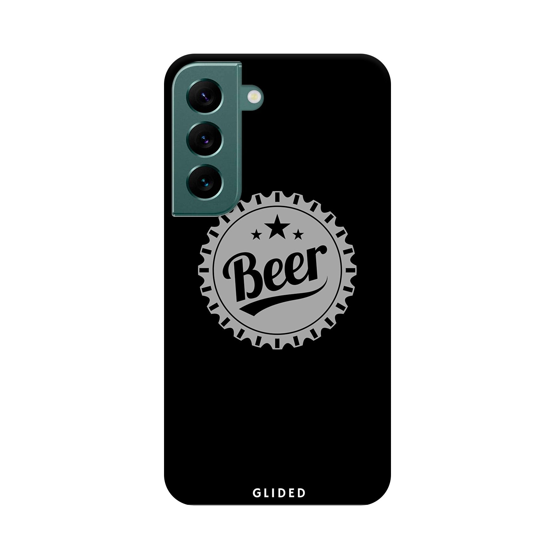 Cheers Handyhülle für Samsung Galaxy S22 mit Bierdeckel-Design und dem Wort 'Beer' in auffälliger Schrift.