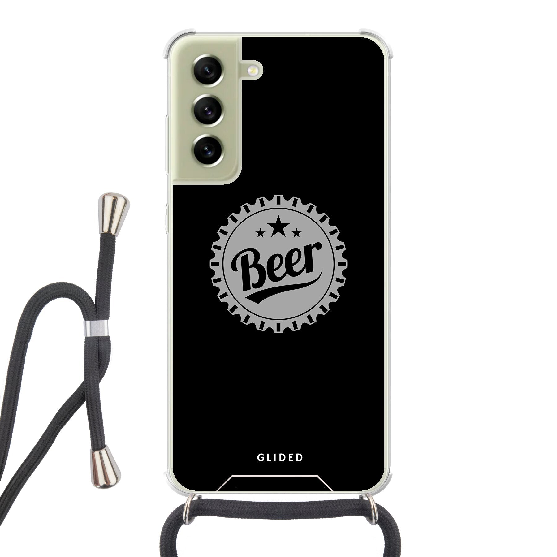 Samsung Galaxy S21 FE Handyhülle mit Bierdeckel-Design und dem Wort 'Beer', ideal für gesellige Anlässe.