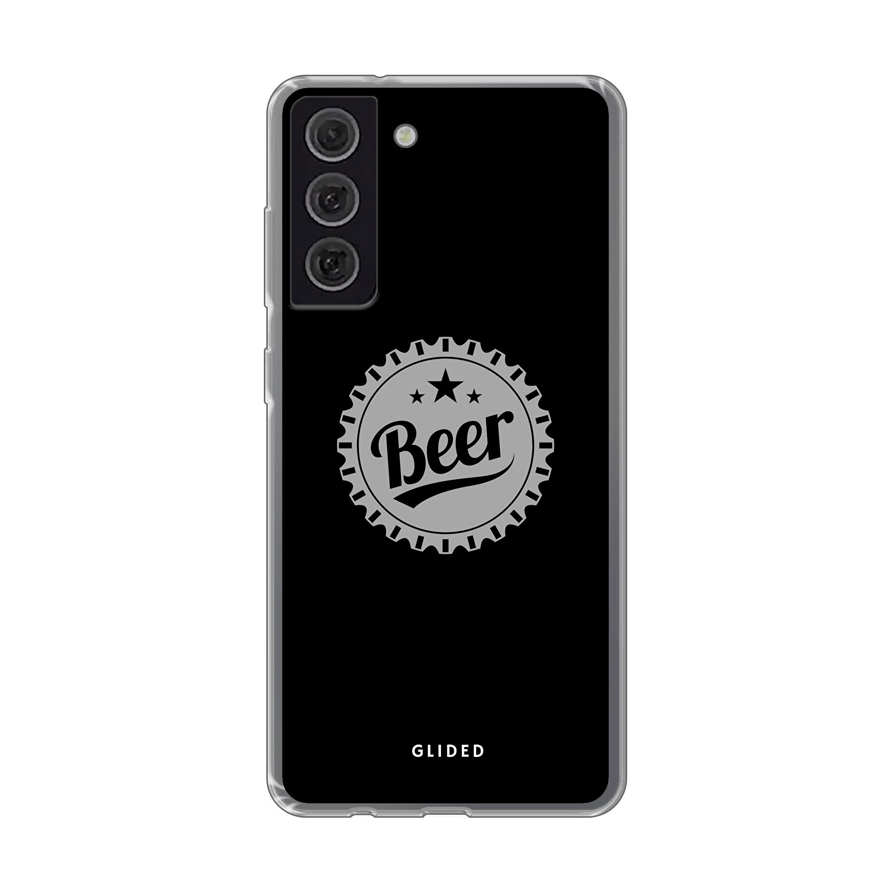 Samsung Galaxy S21 FE Handyhülle mit Bierdeckel-Design und dem Wort 'Beer', ideal für gesellige Anlässe.