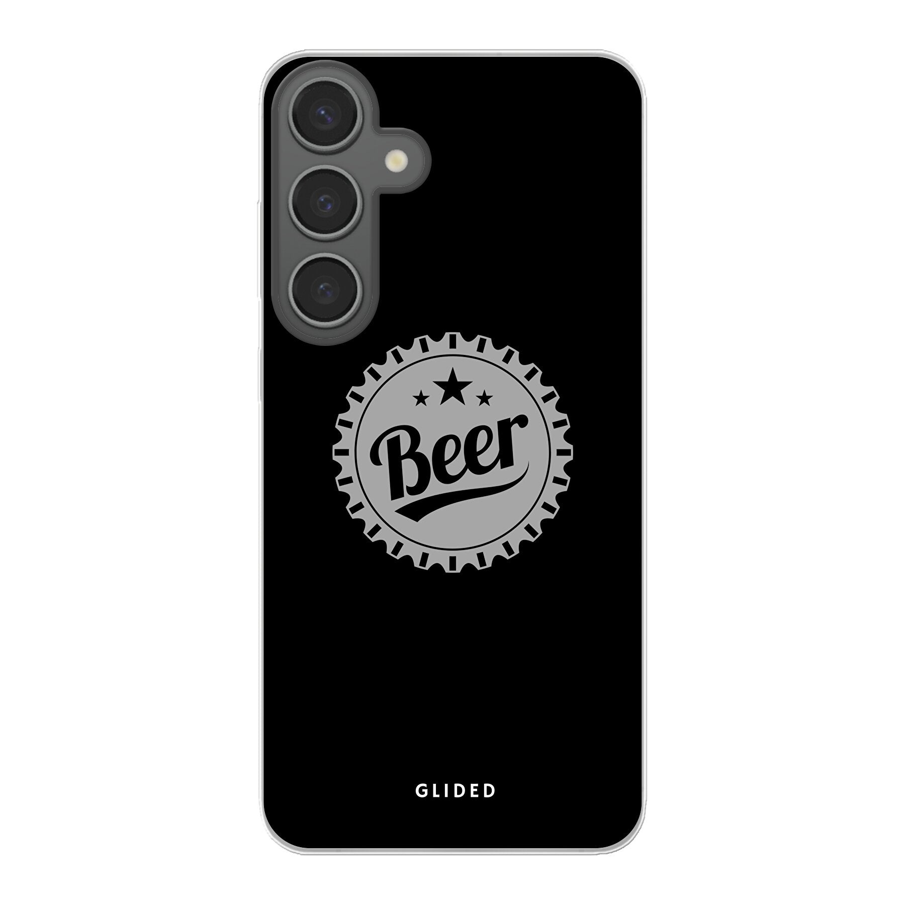 Cheers Handyhülle für Samsung Galaxy S24 Plus mit Bierdeckel-Design und dem Wort 'Beer' in auffälliger Schrift.