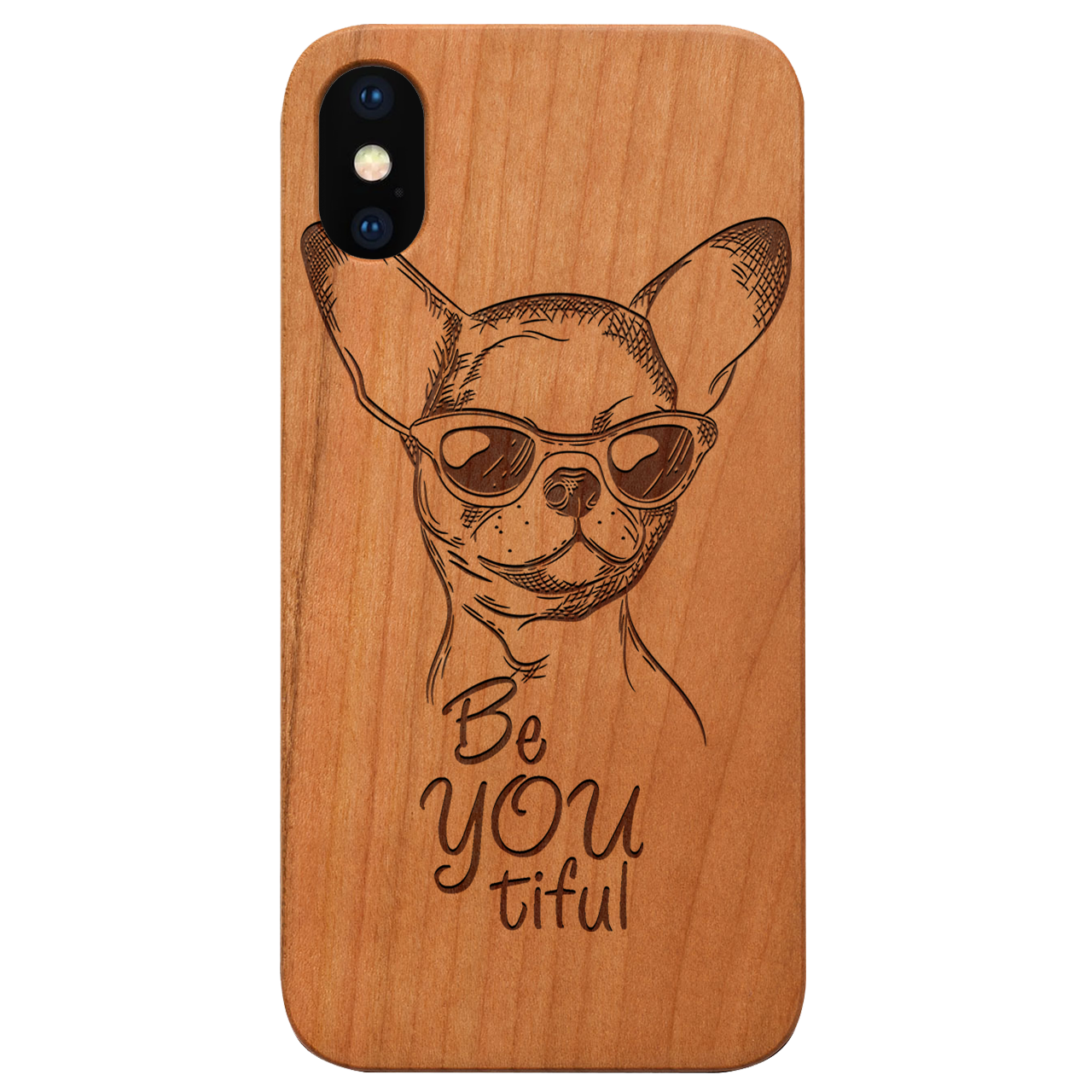 Chihuahua Engraved wooden phone case showcasing unique laser-engraved design and natural wood finish.