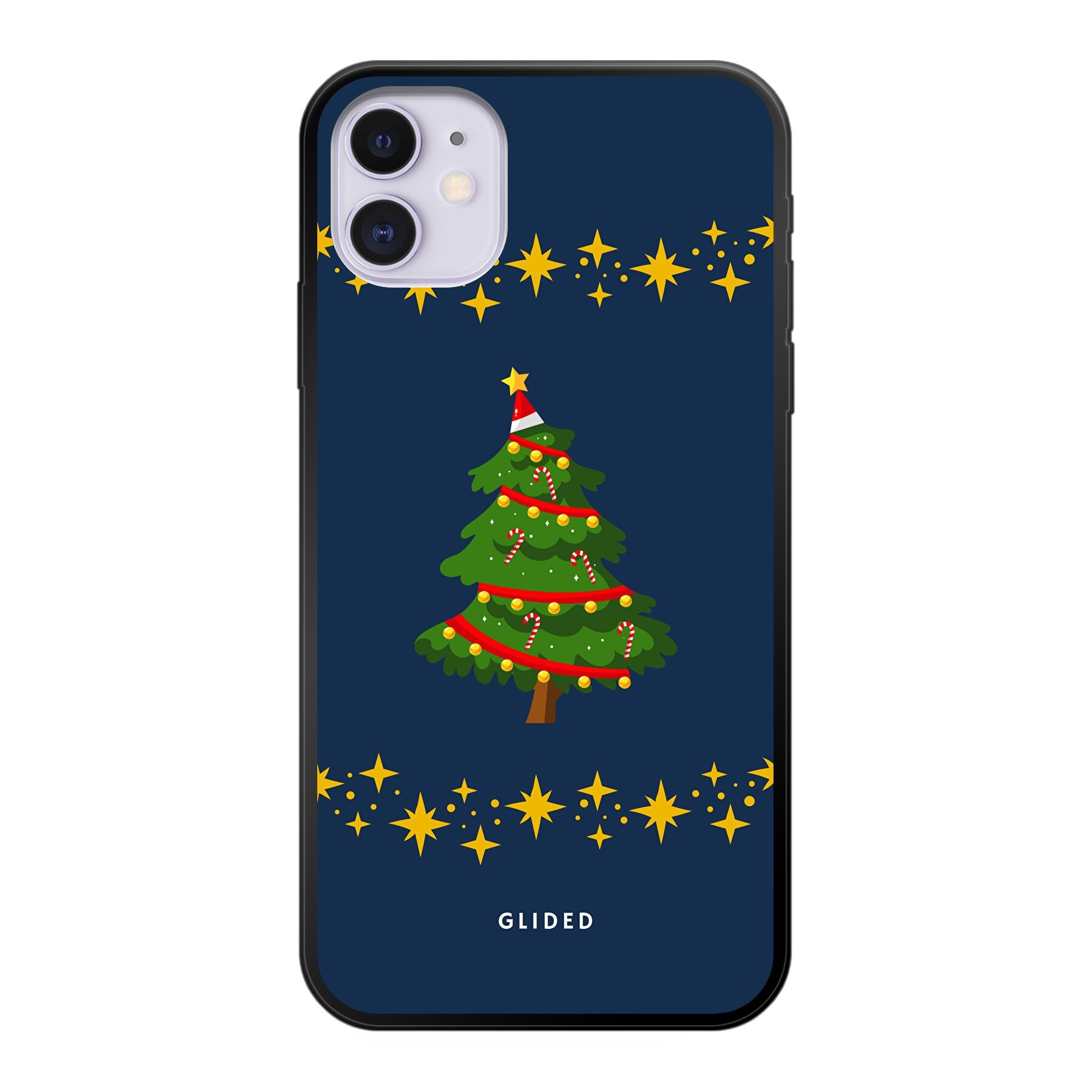 Festliche Weihnachtsbaum iPhone 11 Handyhülle mit glitzerndem Schnee und robustem Schutz.