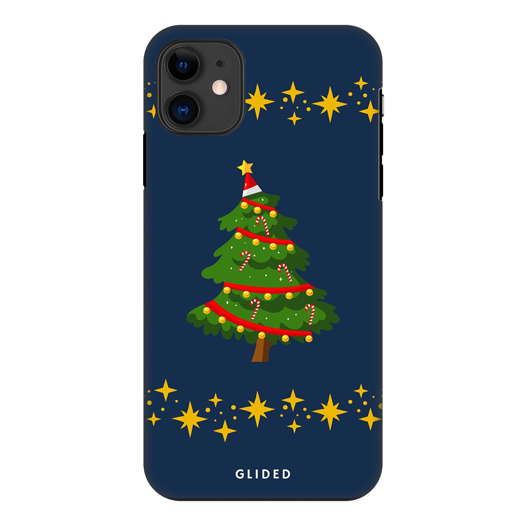 Festliche Weihnachtsbaum iPhone 11 Handyhülle mit glitzerndem Schnee und robustem Schutz.