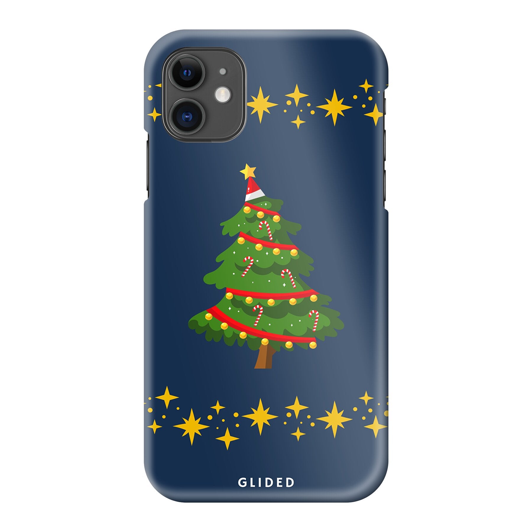 Festliche Weihnachtsbaum iPhone 11 Handyhülle mit glitzerndem Schnee und robustem Schutz.