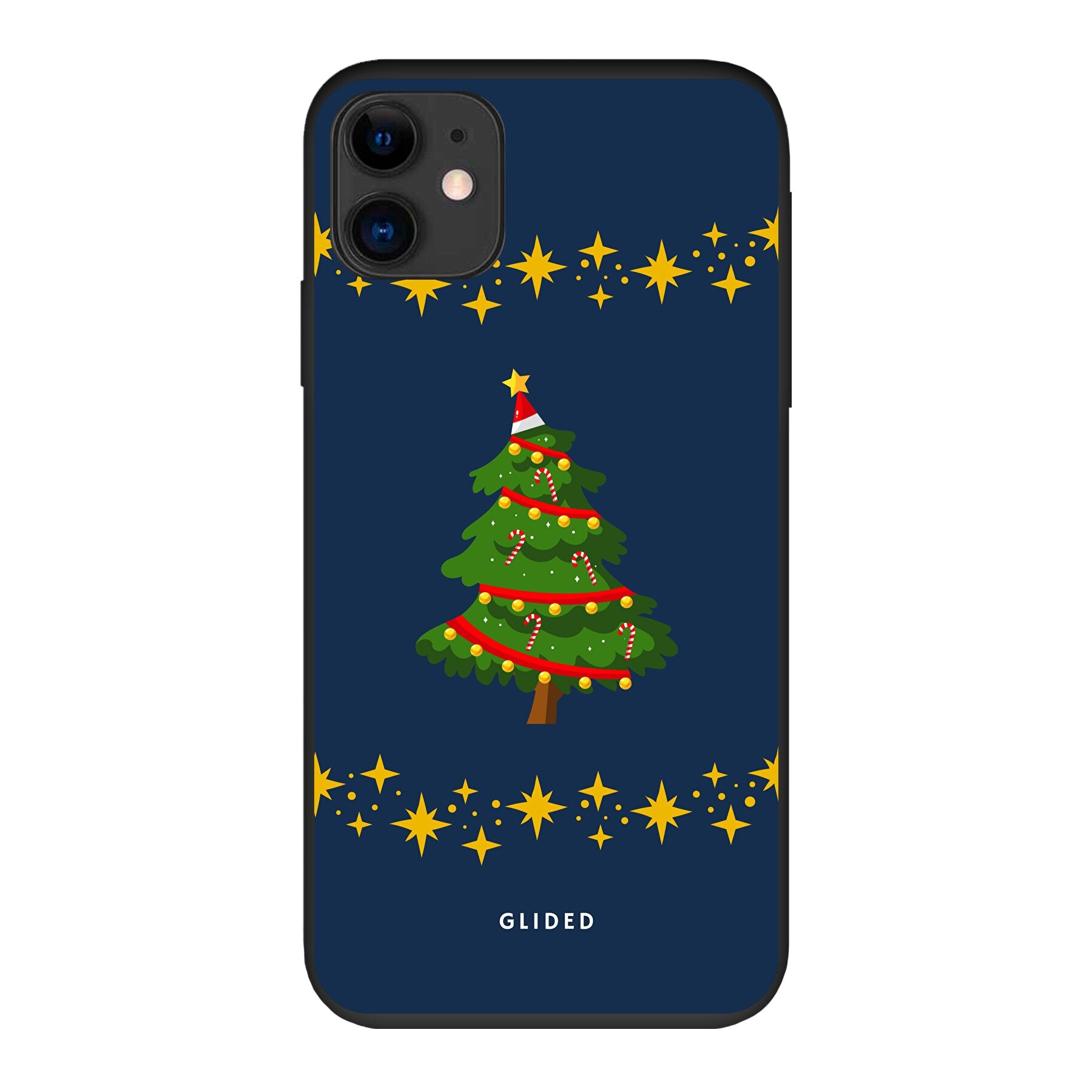 Festliche Weihnachtsbaum iPhone 11 Handyhülle mit glitzerndem Schnee und robustem Schutz.