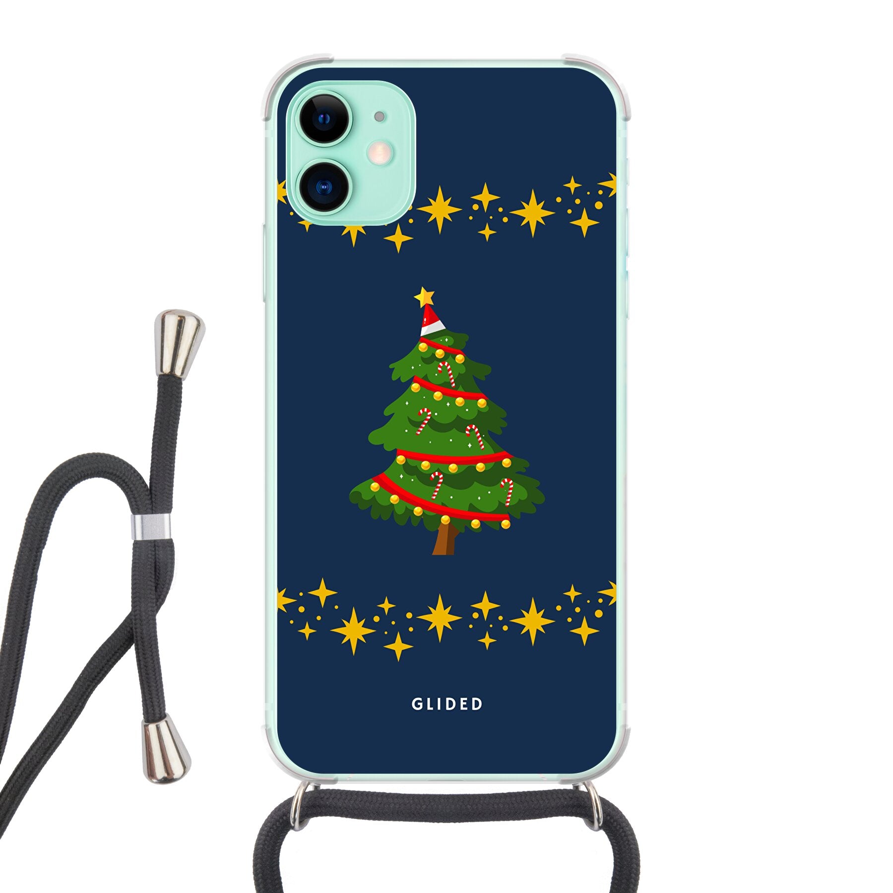 Festliche Weihnachtsbaum iPhone 11 Handyhülle mit glitzerndem Schnee und robustem Schutz.