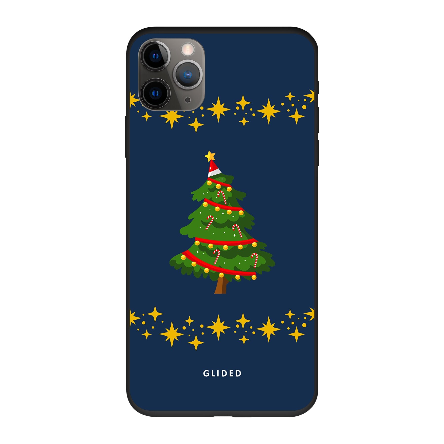 Weihnachtsbaum iPhone 11 Pro Handyhülle mit glitzerndem Schnee und festlichem Design, ideal für die Winterzeit.