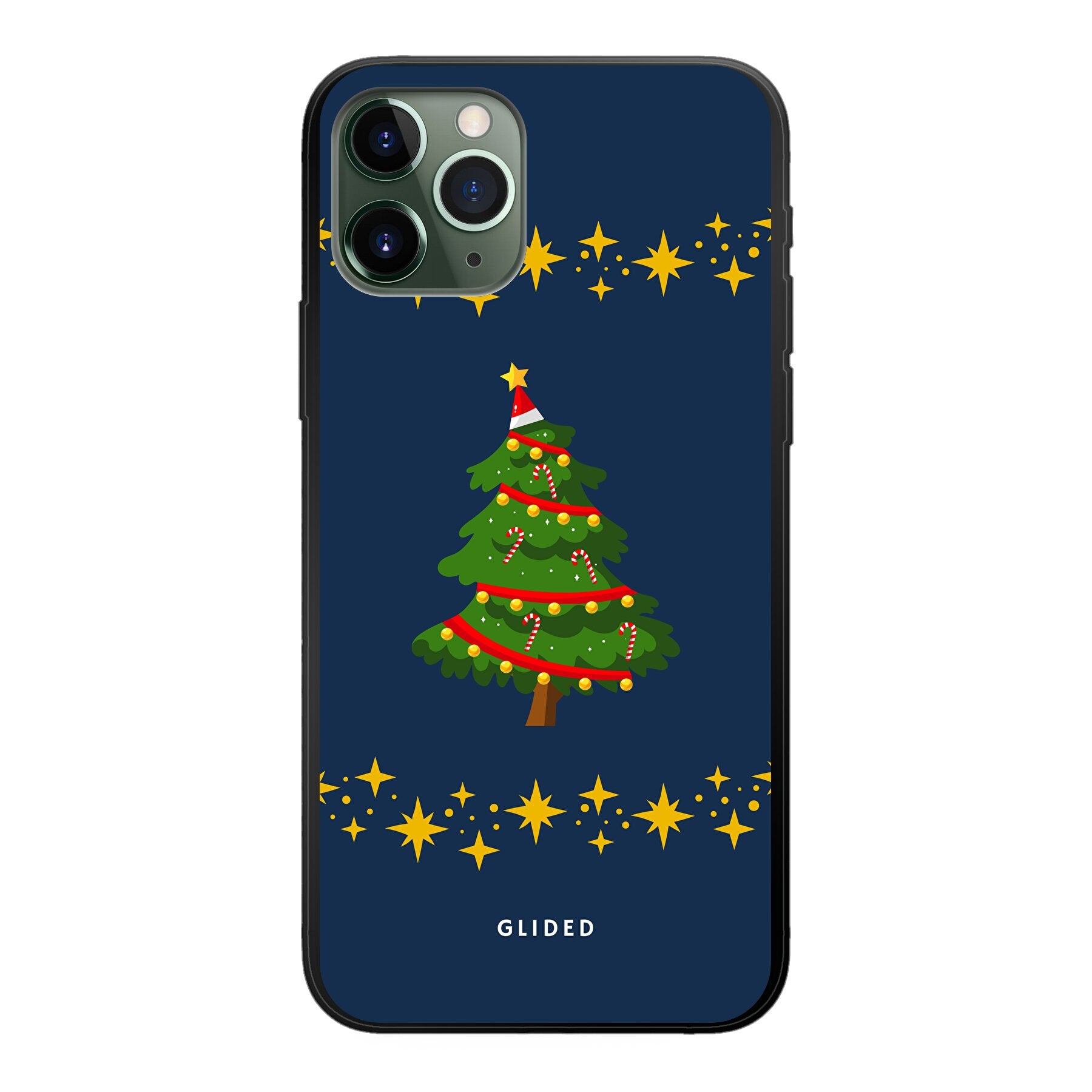 Weihnachtsbaum iPhone 11 Pro Handyhülle mit glitzerndem Schnee und festlichem Design, ideal für die Winterzeit.