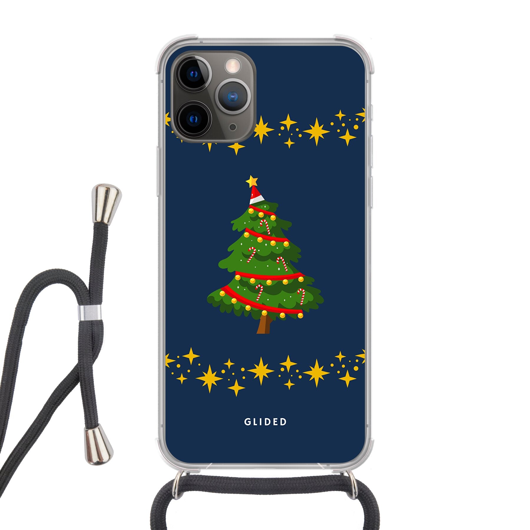 Weihnachtsbaum iPhone 11 Pro Handyhülle mit glitzerndem Schnee und festlichem Design, ideal für die Winterzeit.