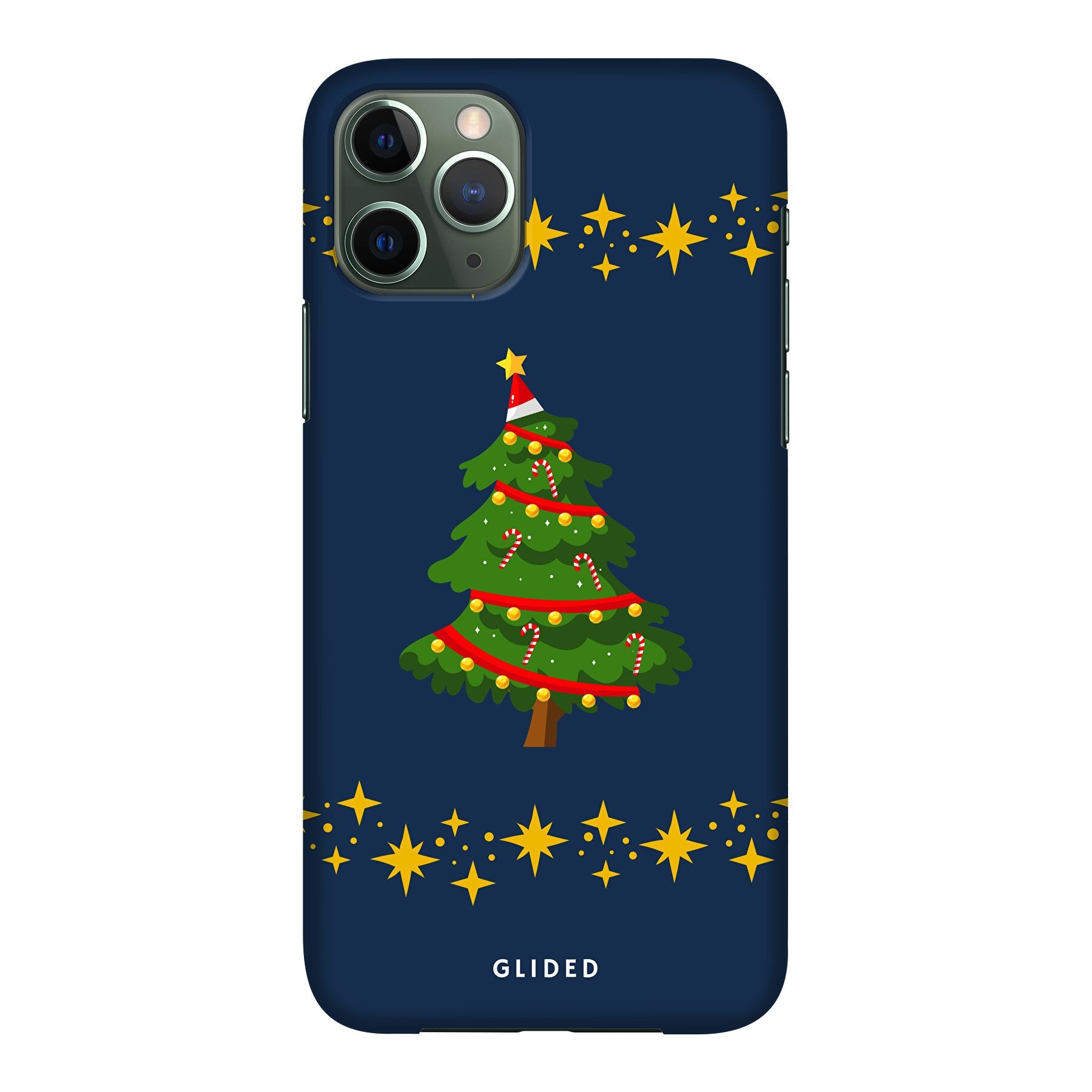 Weihnachtsbaum iPhone 11 Pro Handyhülle mit glitzerndem Schnee und festlichem Design, ideal für die Winterzeit.