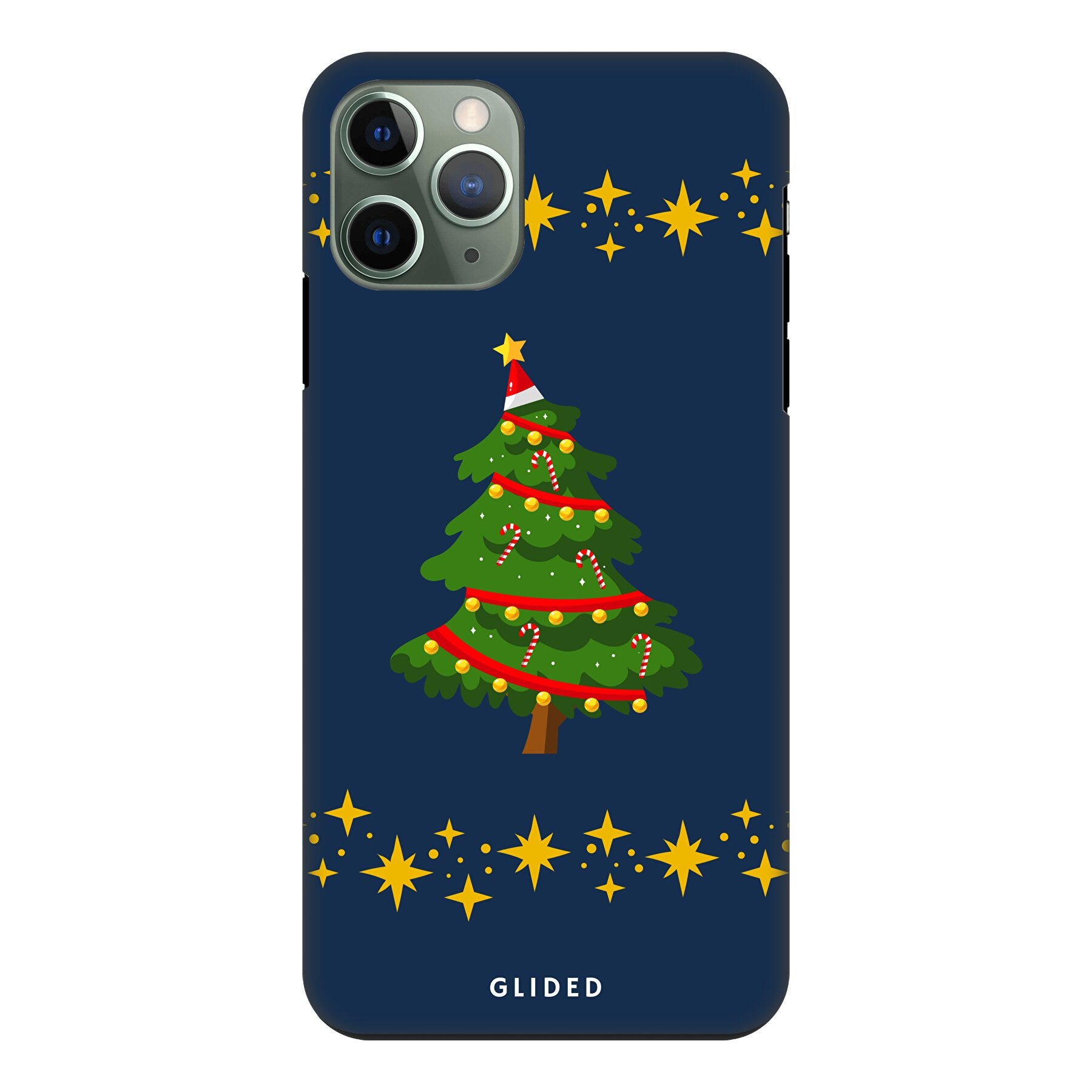 Weihnachtsbaum iPhone 11 Pro Handyhülle mit glitzerndem Schnee und festlichem Design, ideal für die Winterzeit.