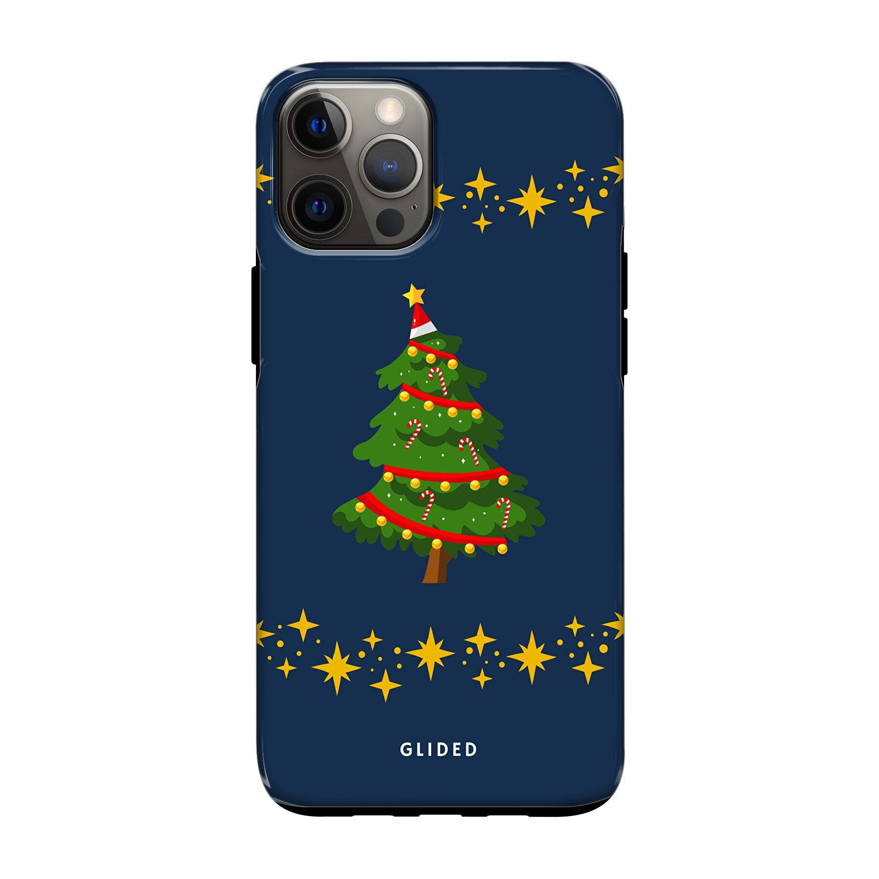 Festliche Weihnachtsbaum iPhone 12 Handyhülle mit glitzerndem Schnee und robustem Schutz.