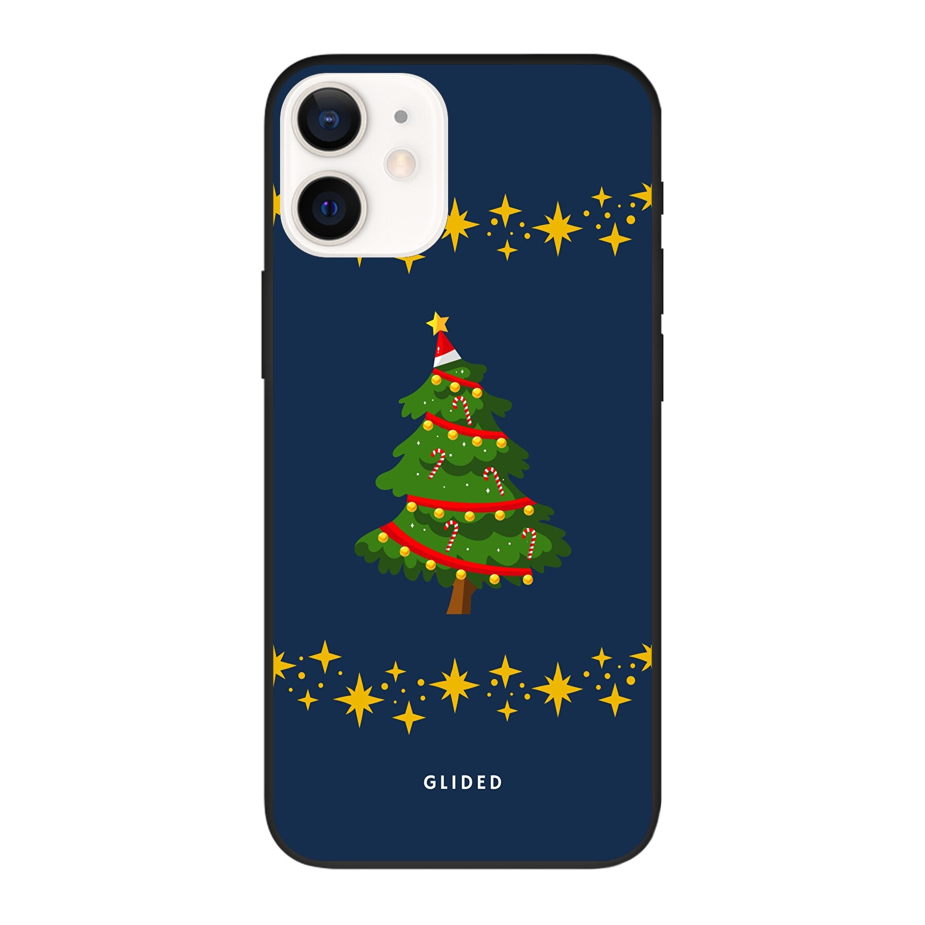 Festliche Weihnachtsbaum iPhone 12 Handyhülle mit glitzerndem Schnee und robustem Schutz.