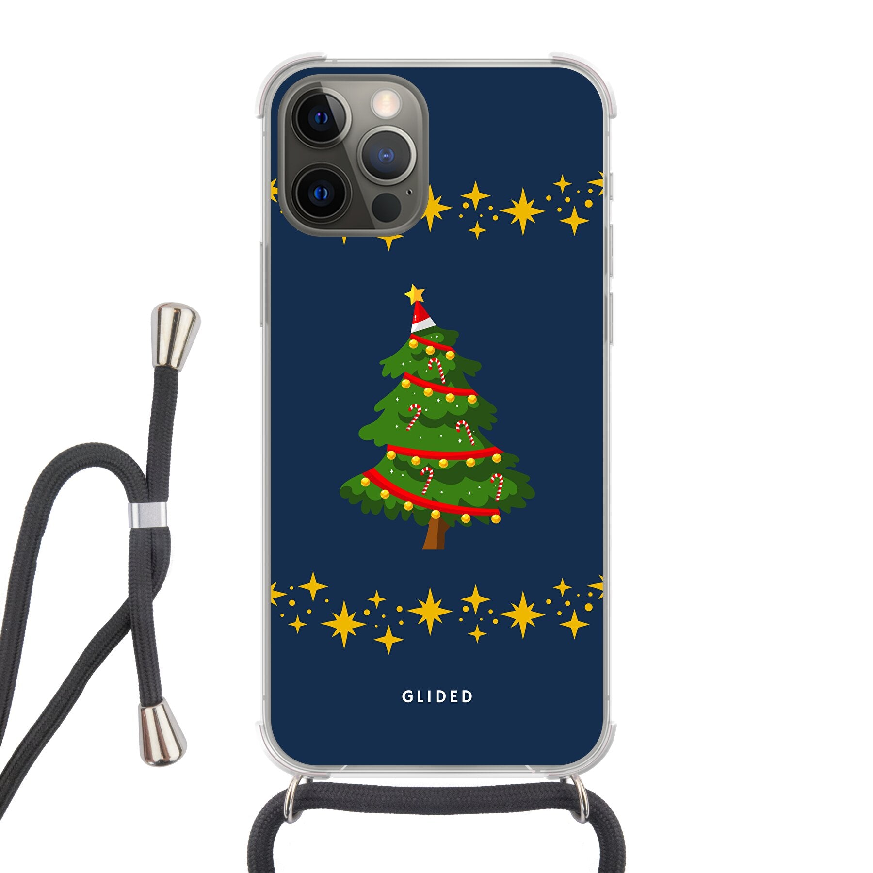 Festliche Weihnachtsbaum iPhone 12 Handyhülle mit glitzerndem Schnee und robustem Schutz.