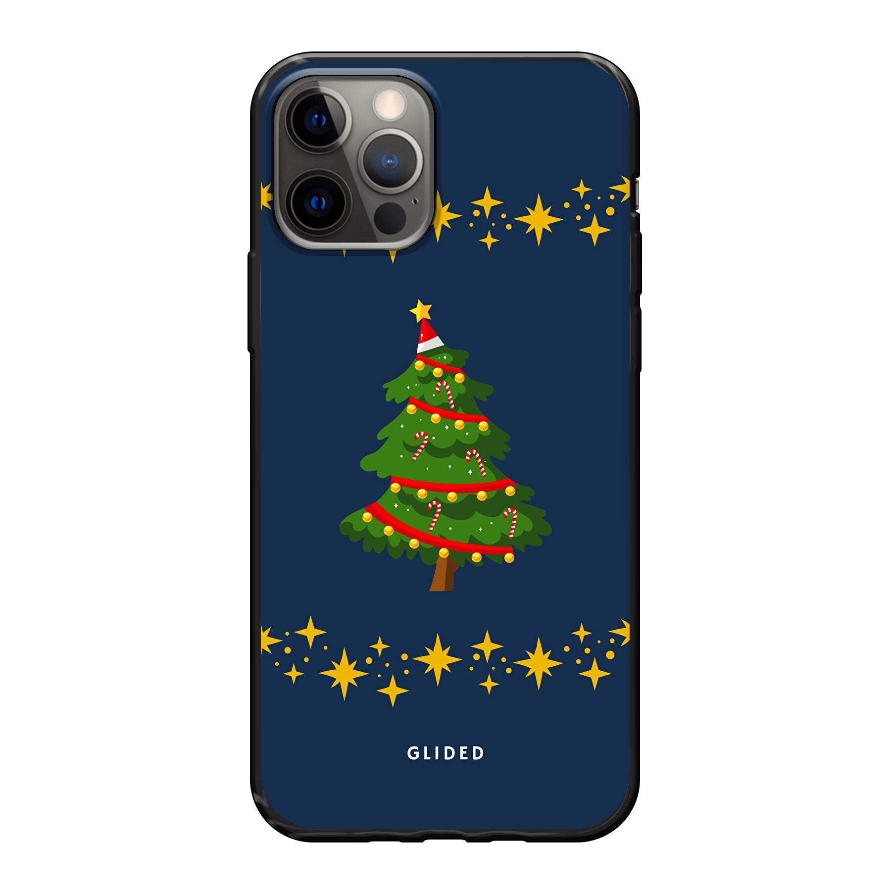 Festliche Weihnachtsbaum iPhone 12 Handyhülle mit glitzerndem Schnee und robustem Schutz.