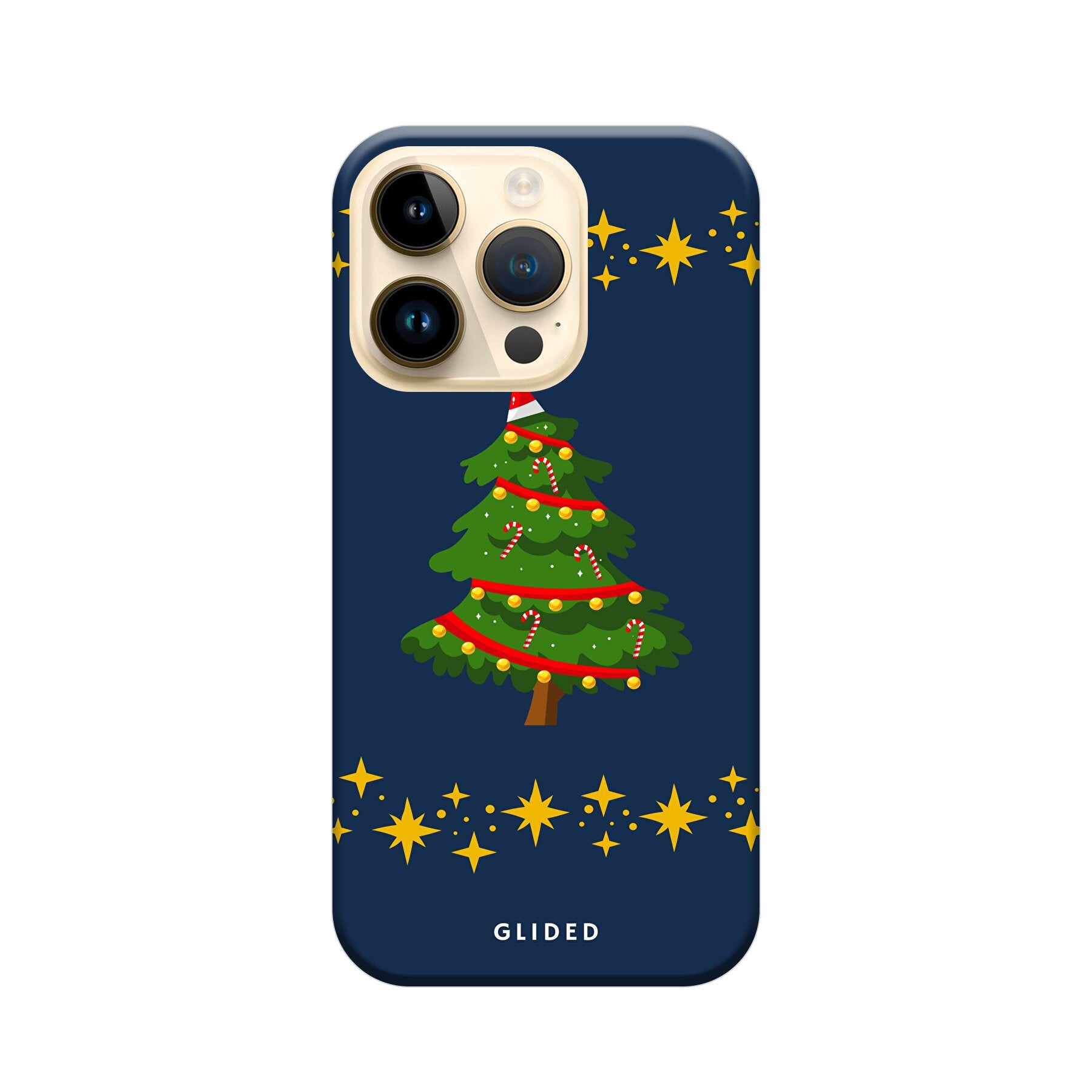 Weihnachtsbaum iPhone 14 Pro Handyhülle mit glitzerndem Schnee und festlichem Design, ideal für die Winterzeit.