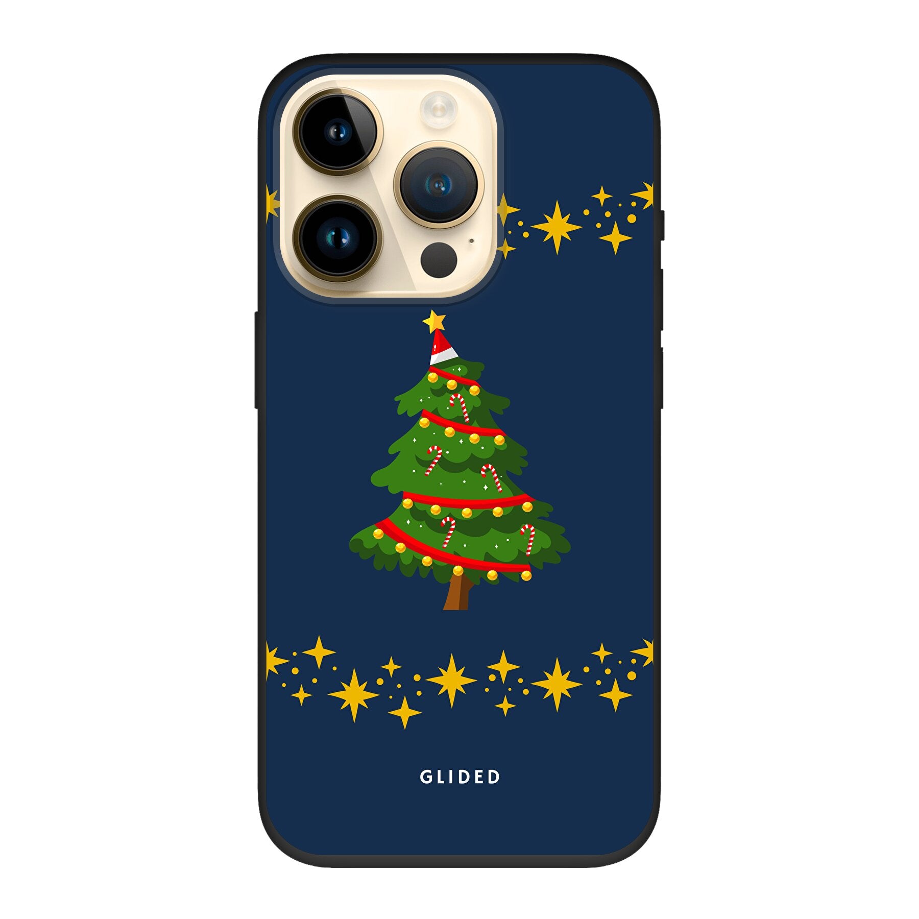 Weihnachtsbaum iPhone 14 Pro Handyhülle mit glitzerndem Schnee und festlichem Design, ideal für die Winterzeit.