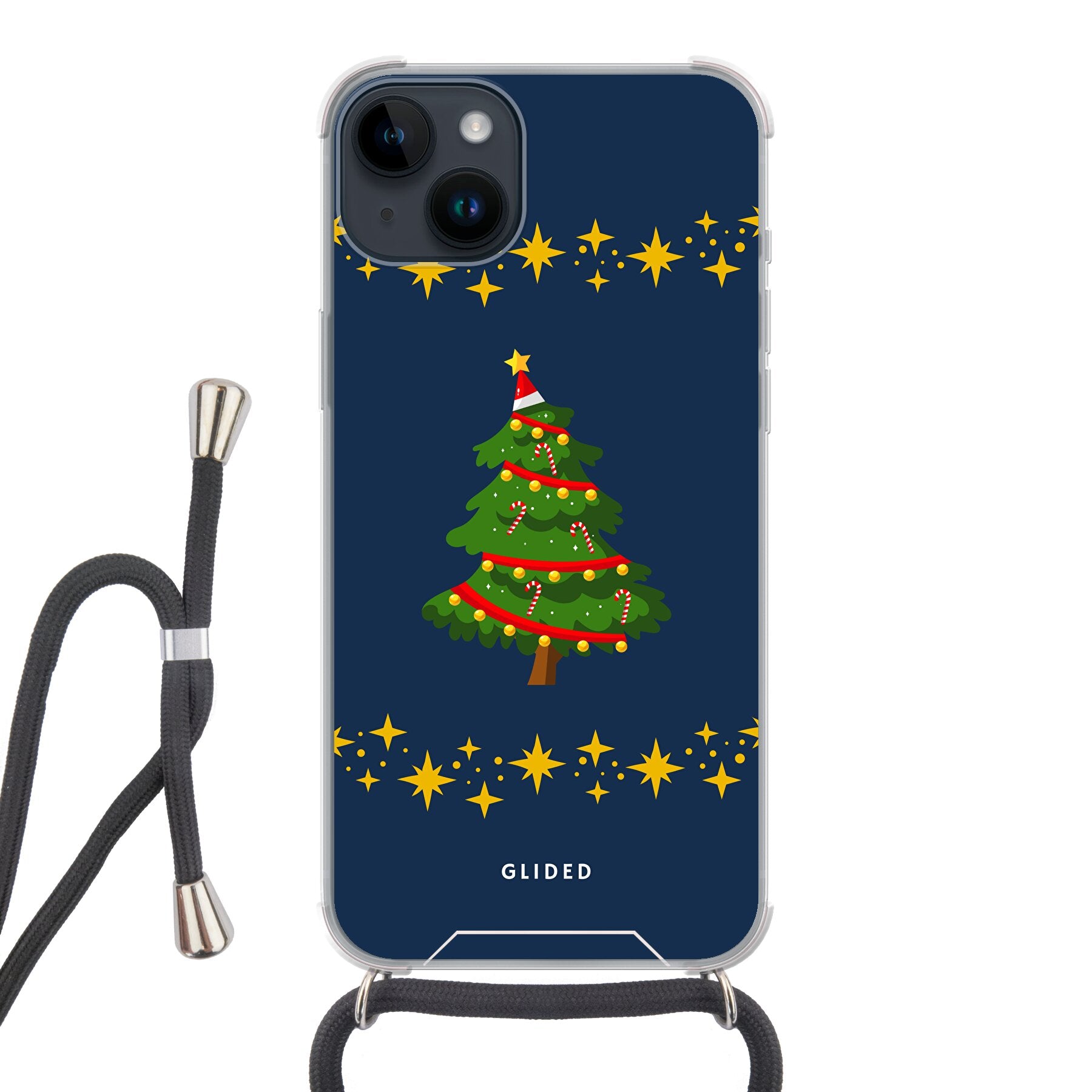 Weihnachtsbaum iPhone 14 Pro Handyhülle mit glitzerndem Schnee und festlichem Design, ideal für die Winterzeit.