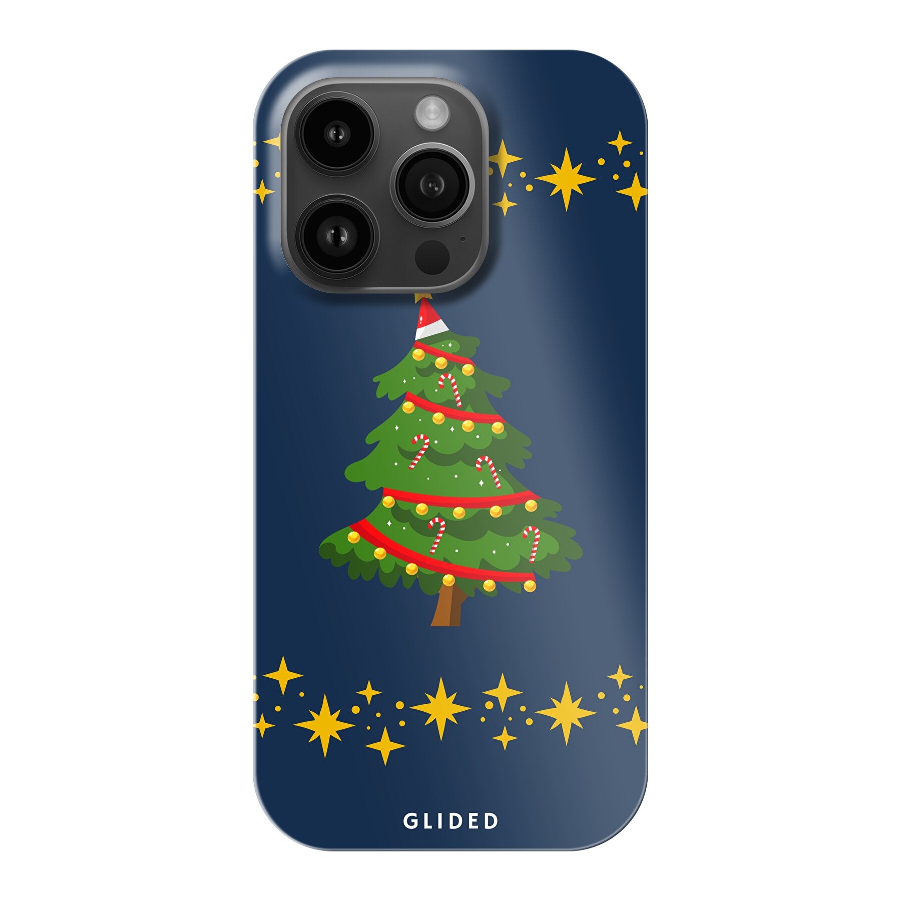 Weihnachtsbaum iPhone 14 Pro Handyhülle mit glitzerndem Schnee und festlichem Design, ideal für die Winterzeit.