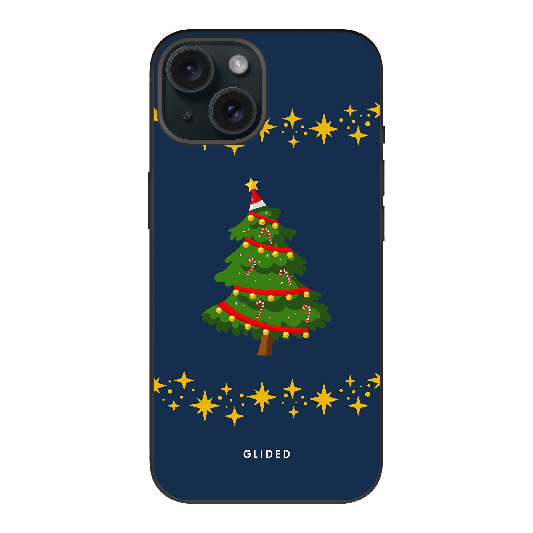 Weihnachtsbaum iPhone 15 Handyhülle mit glitzerndem Schnee und festlichem Design, ideal für die Winterzeit.