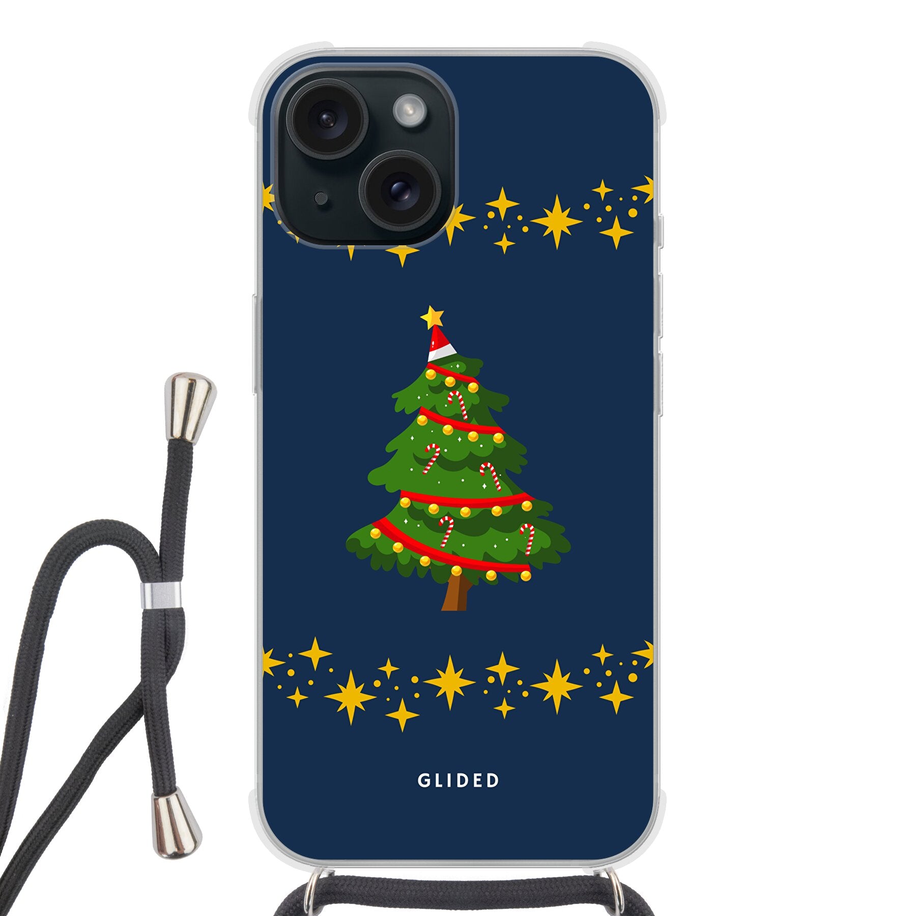 Weihnachtsbaum iPhone 15 Handyhülle mit glitzerndem Schnee und festlichem Design, ideal für die Winterzeit.