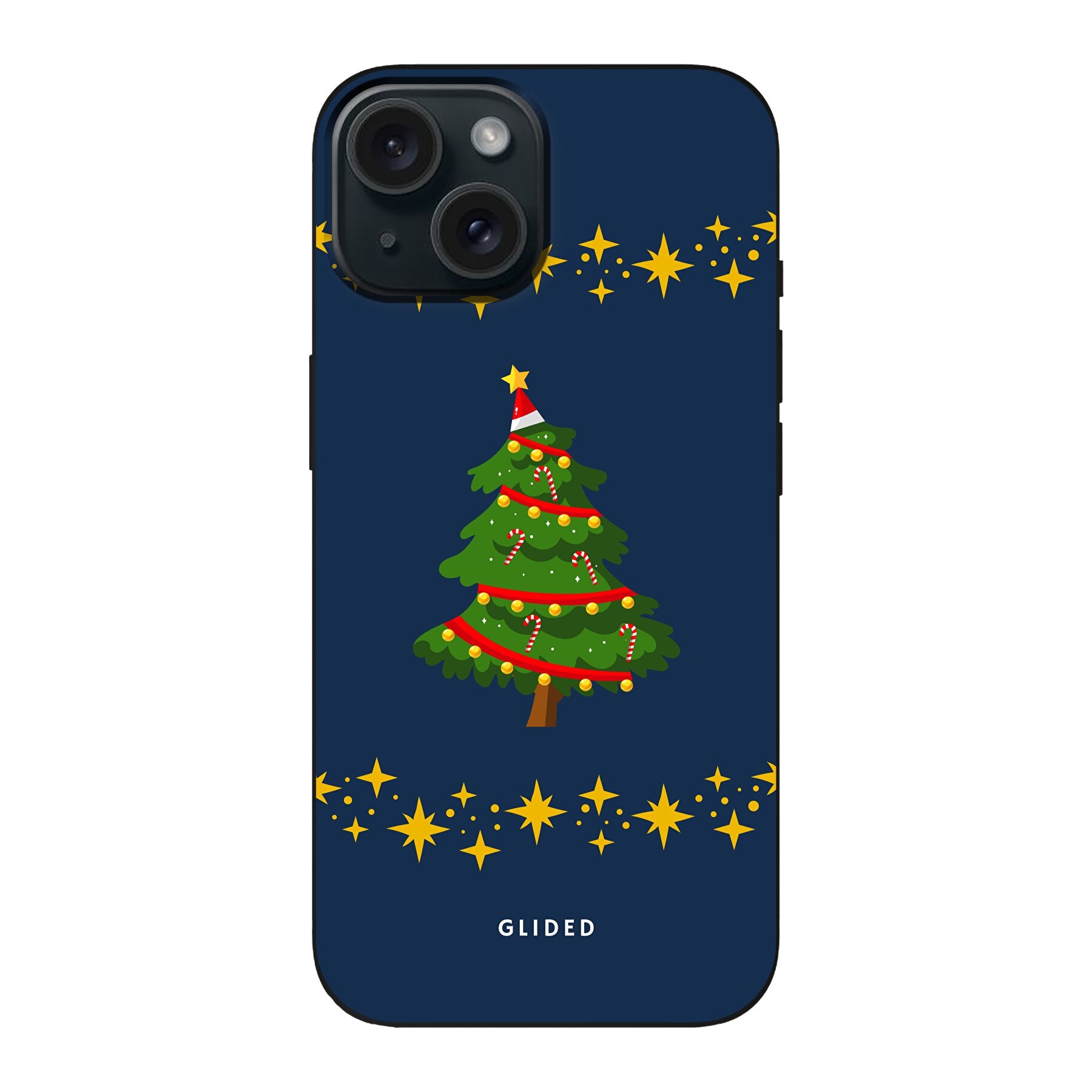 Weihnachtsbaum iPhone 15 Handyhülle mit glitzerndem Schnee und festlichem Design, ideal für die Winterzeit.